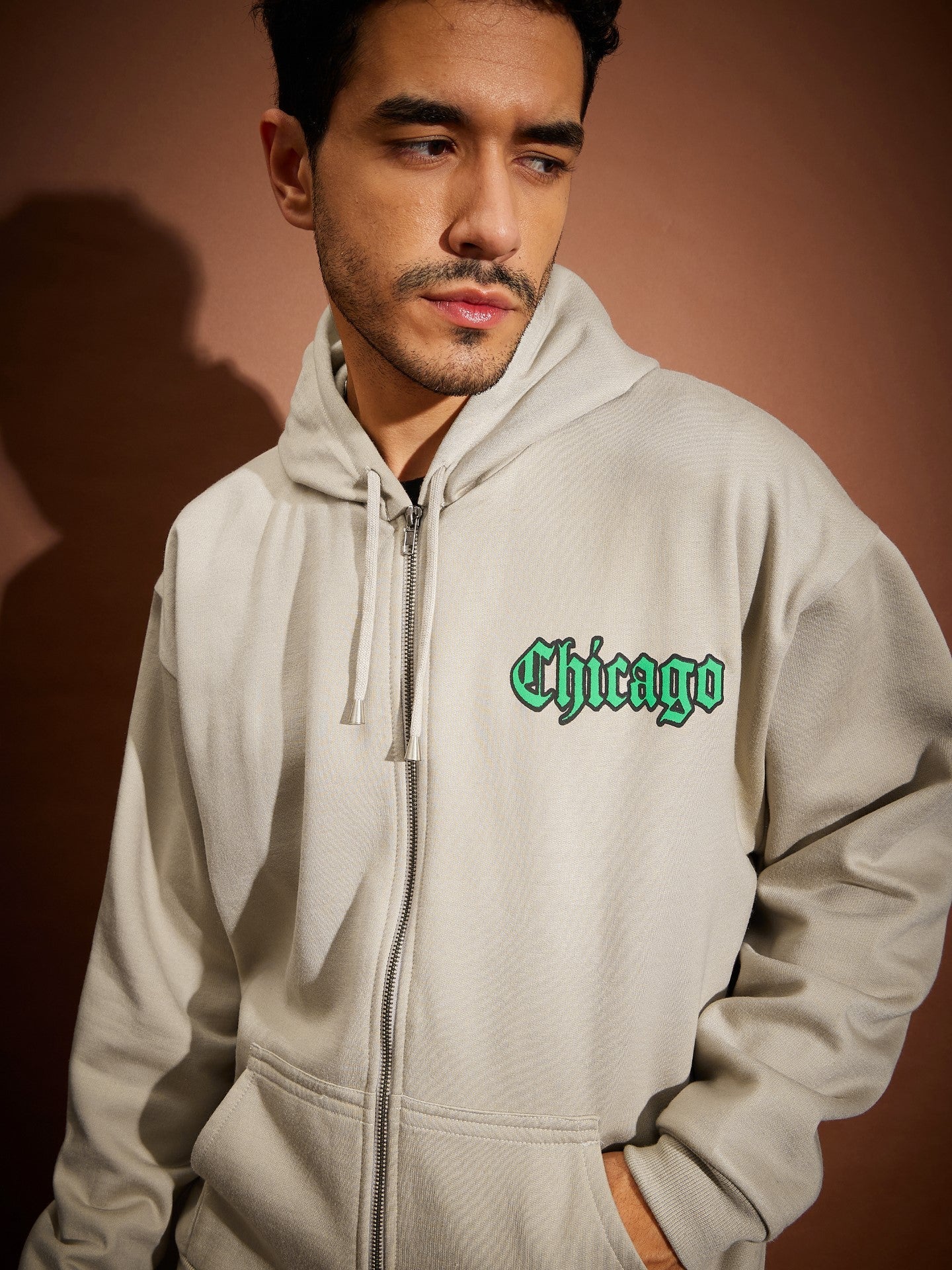 Men Taupe Oversized Zipper Hoodie Sweatshirt With Joggers - Image 4