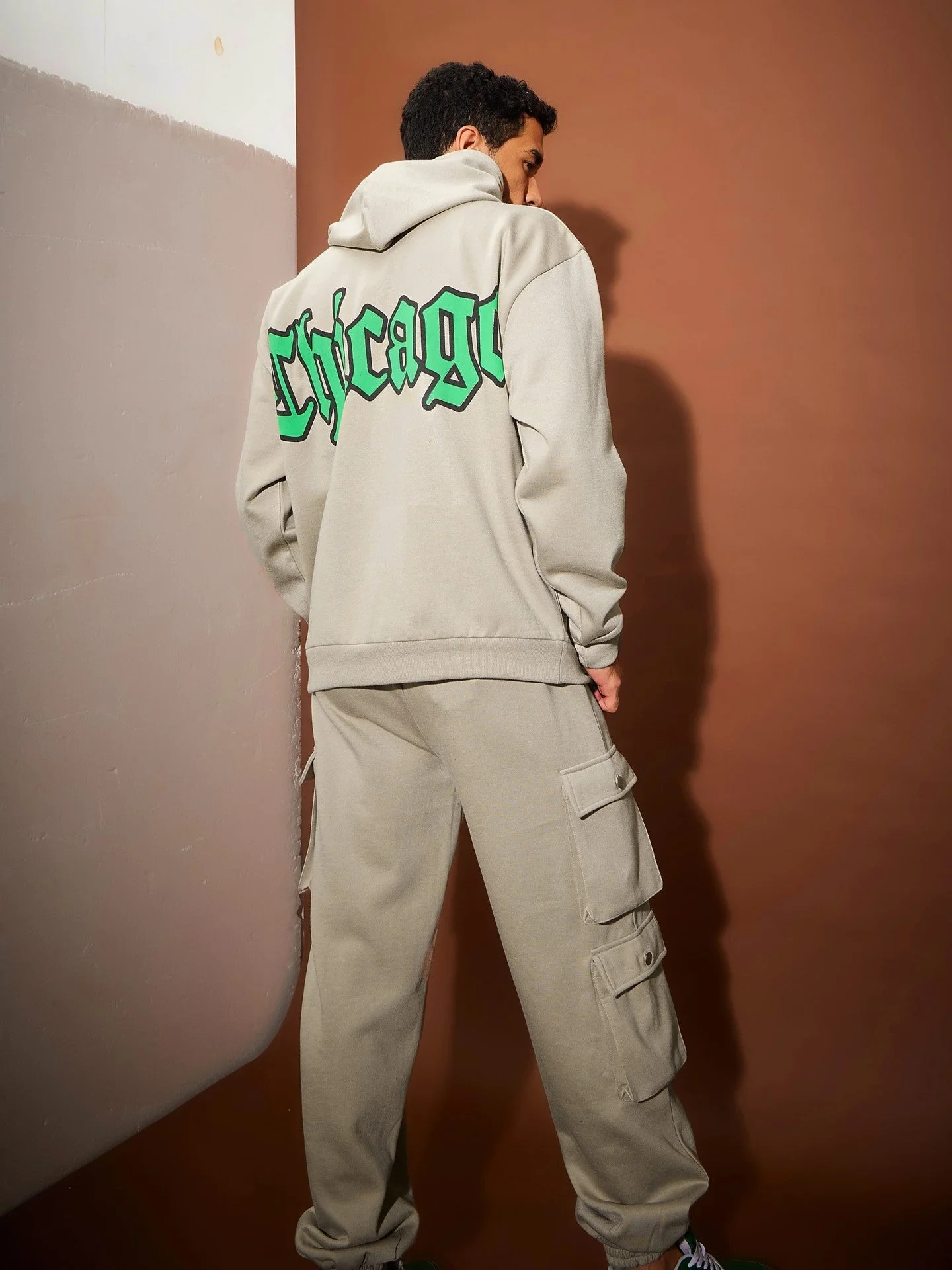 Men Taupe Oversized Zipper Hoodie Sweatshirt With Joggers - Image 6