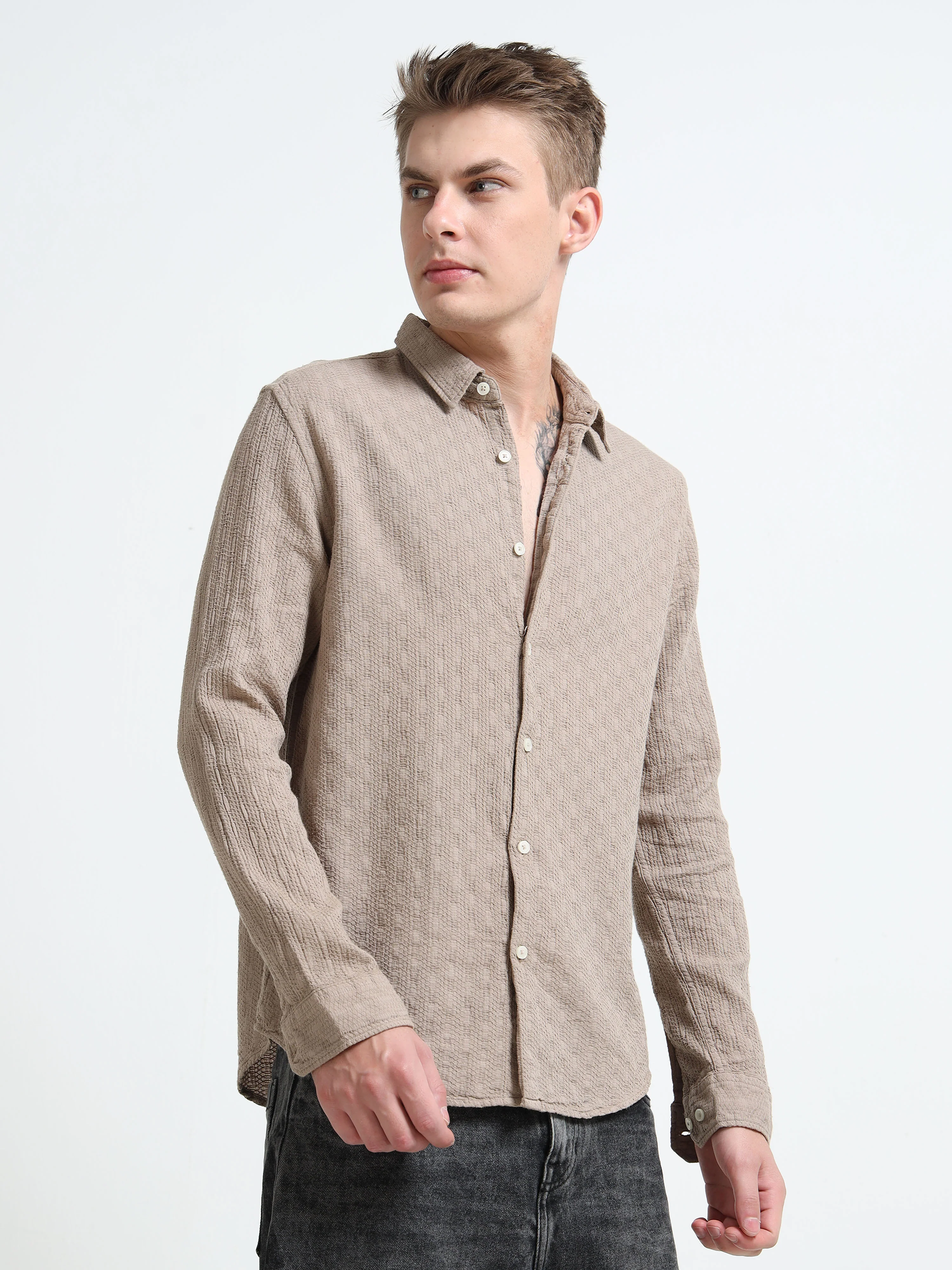 Men Taupe Self-Design Shirt - Image 2