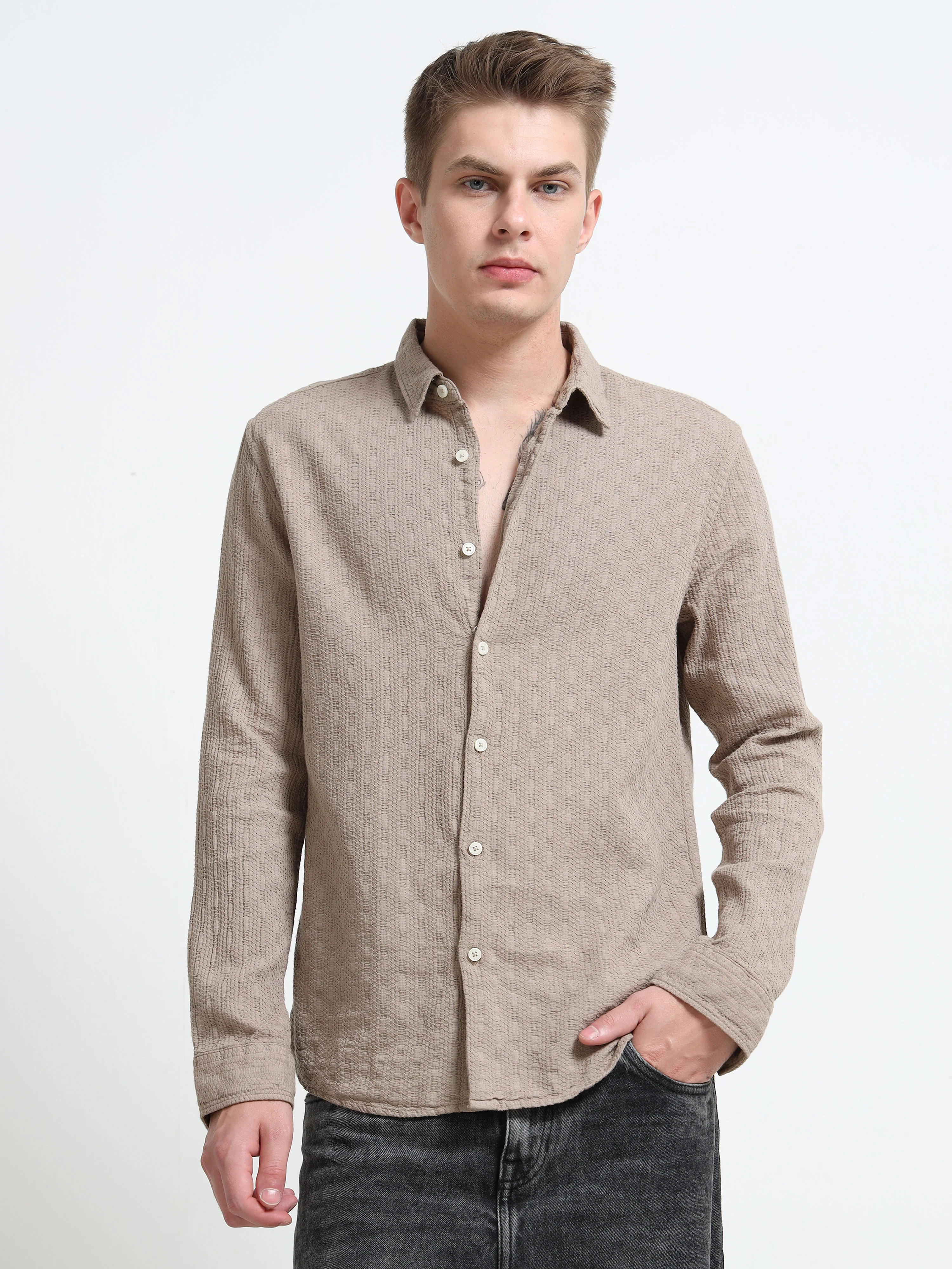 Men Taupe Self-Design Shirt - Image 3