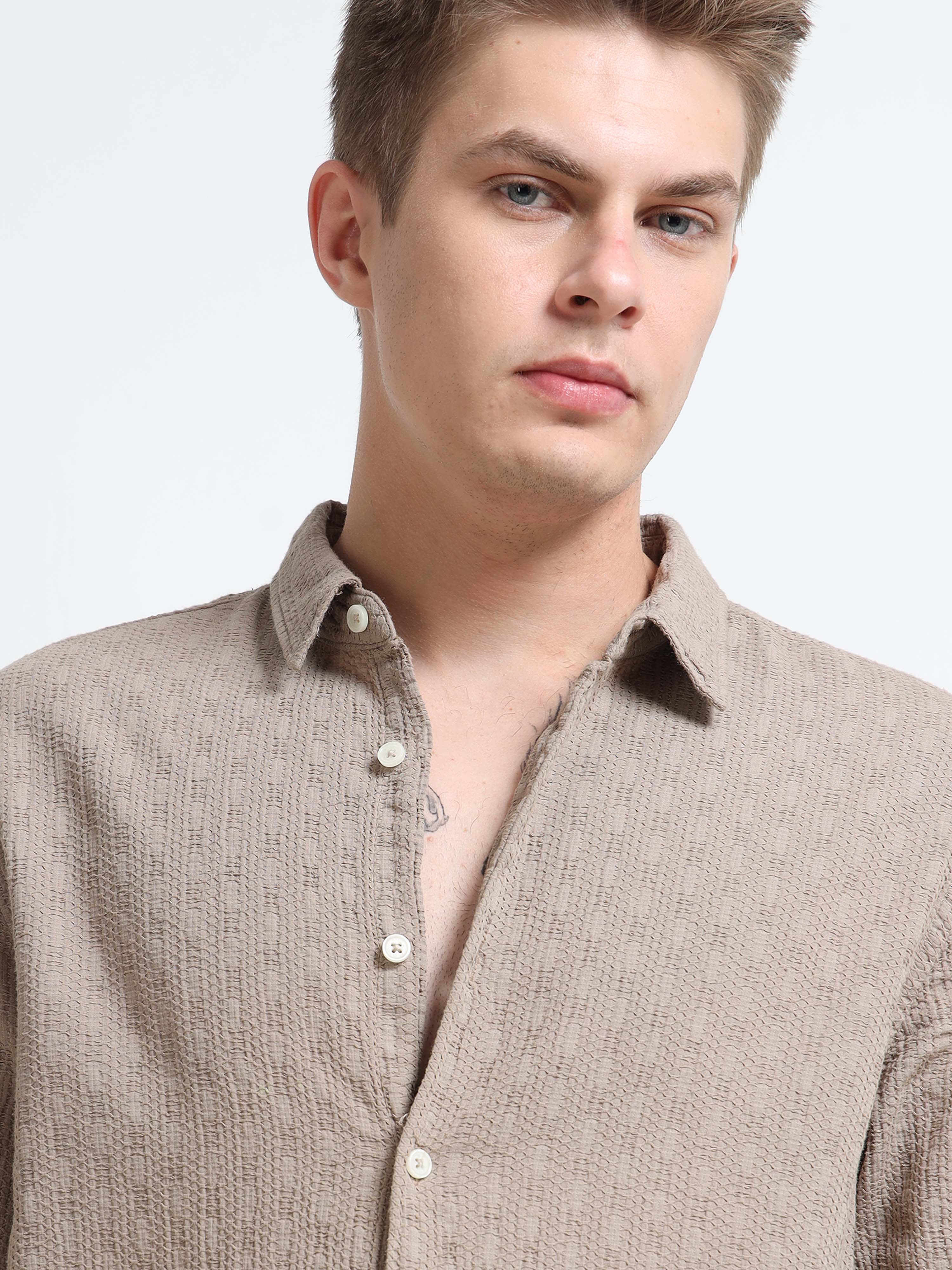 Men Taupe Self-Design Shirt - Image 4