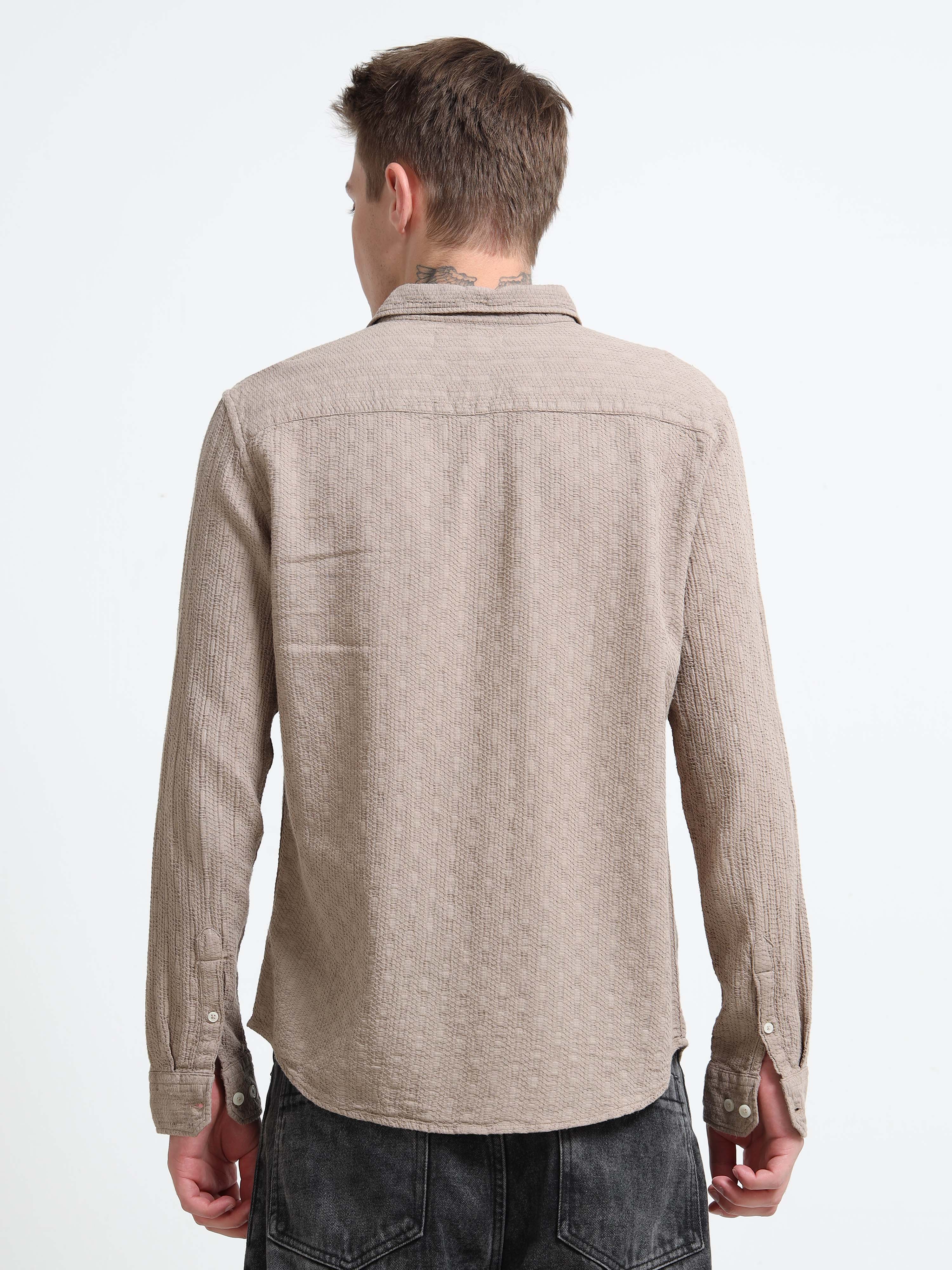Men Taupe Self-Design Shirt - Image 5