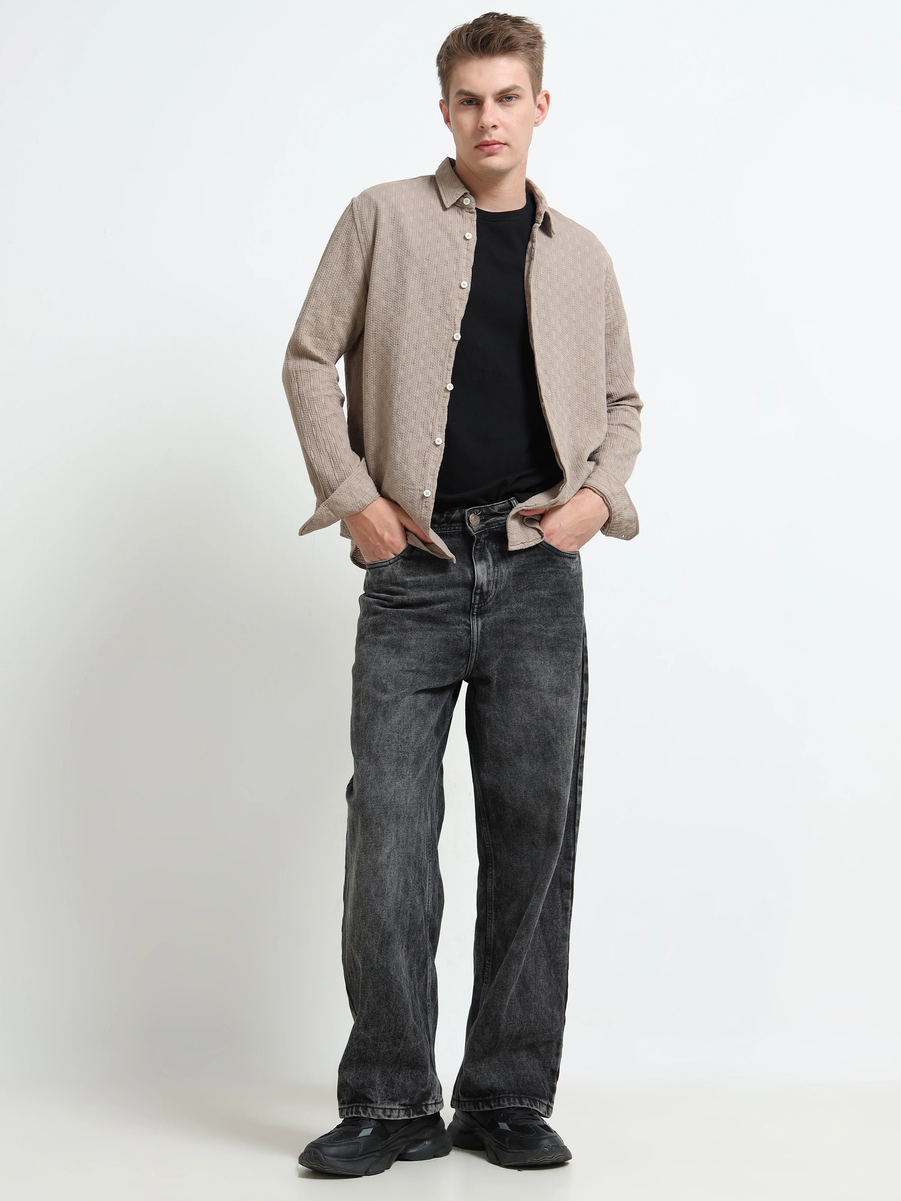 Men Taupe Self-Design Shirt - Image 6