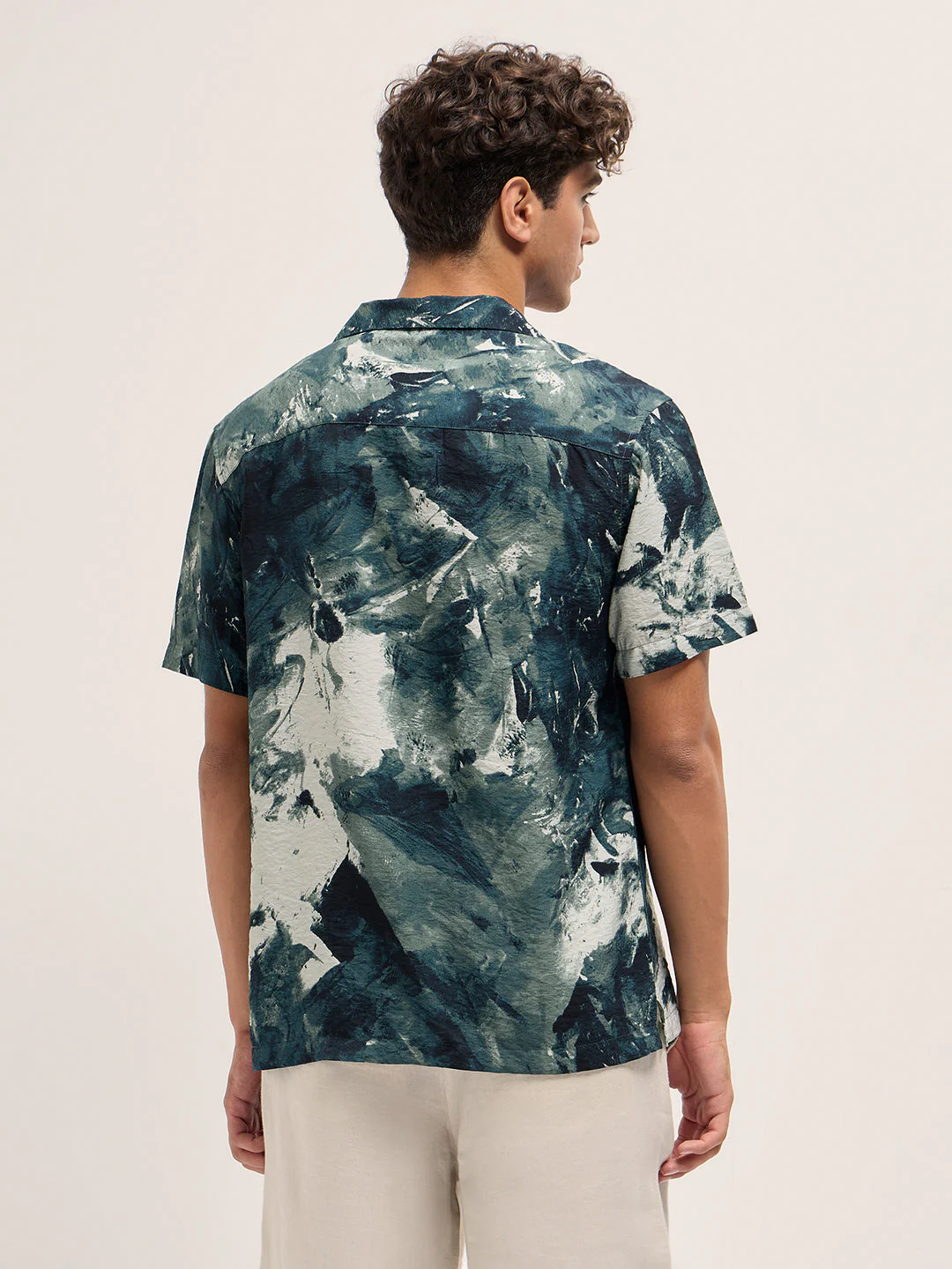 Men Teal Abstract Digital Print Relaxed Fit Cuban Collar Shirt - Image 2