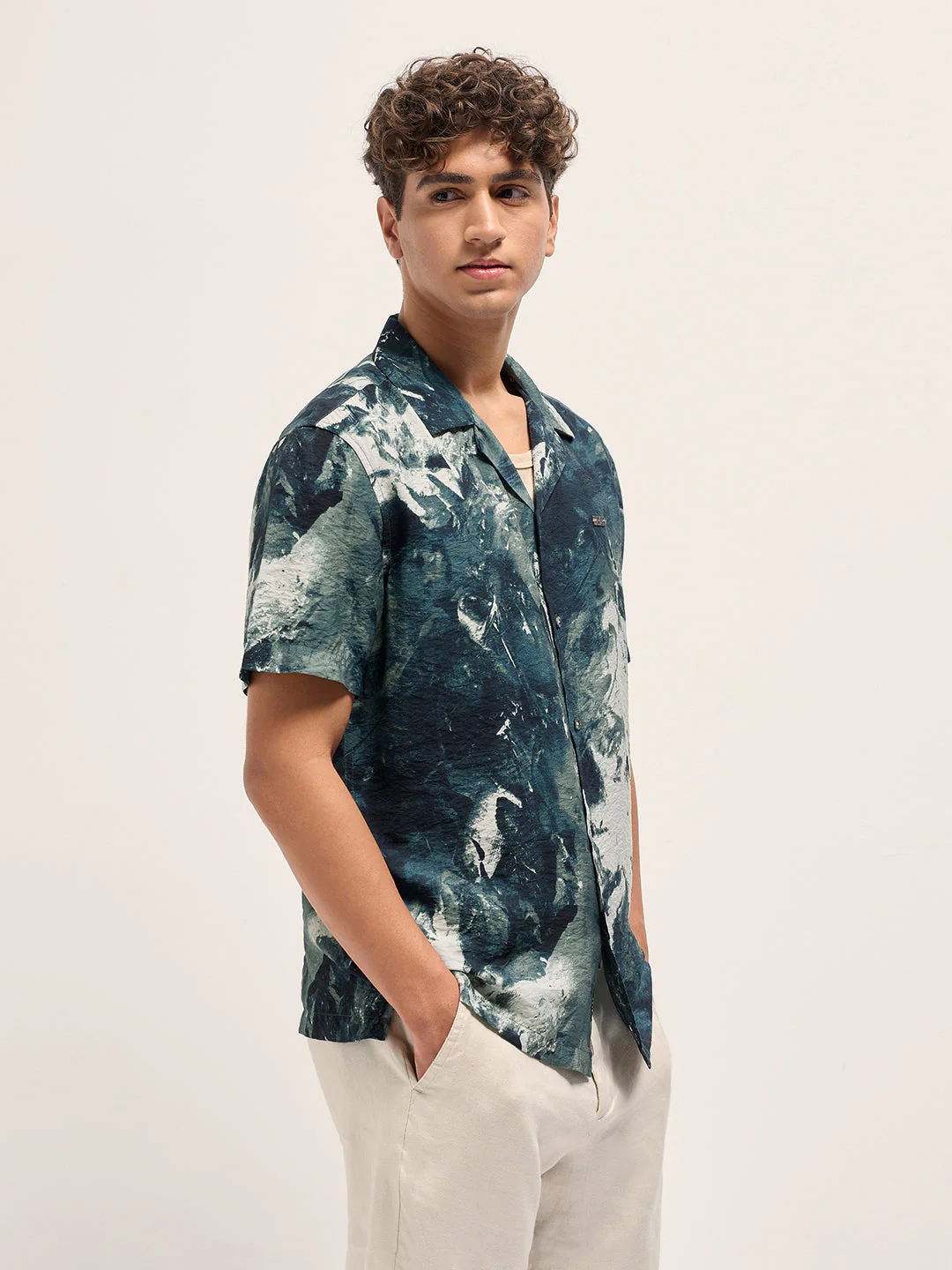 Men Teal Abstract Digital Print Relaxed Fit Cuban Collar Shirt - Image 3