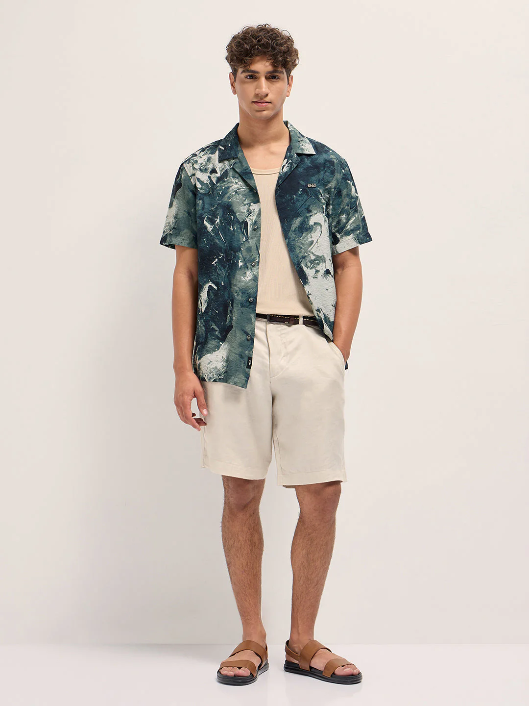 Men Teal Abstract Digital Print Relaxed Fit Cuban Collar Shirt - Image 4