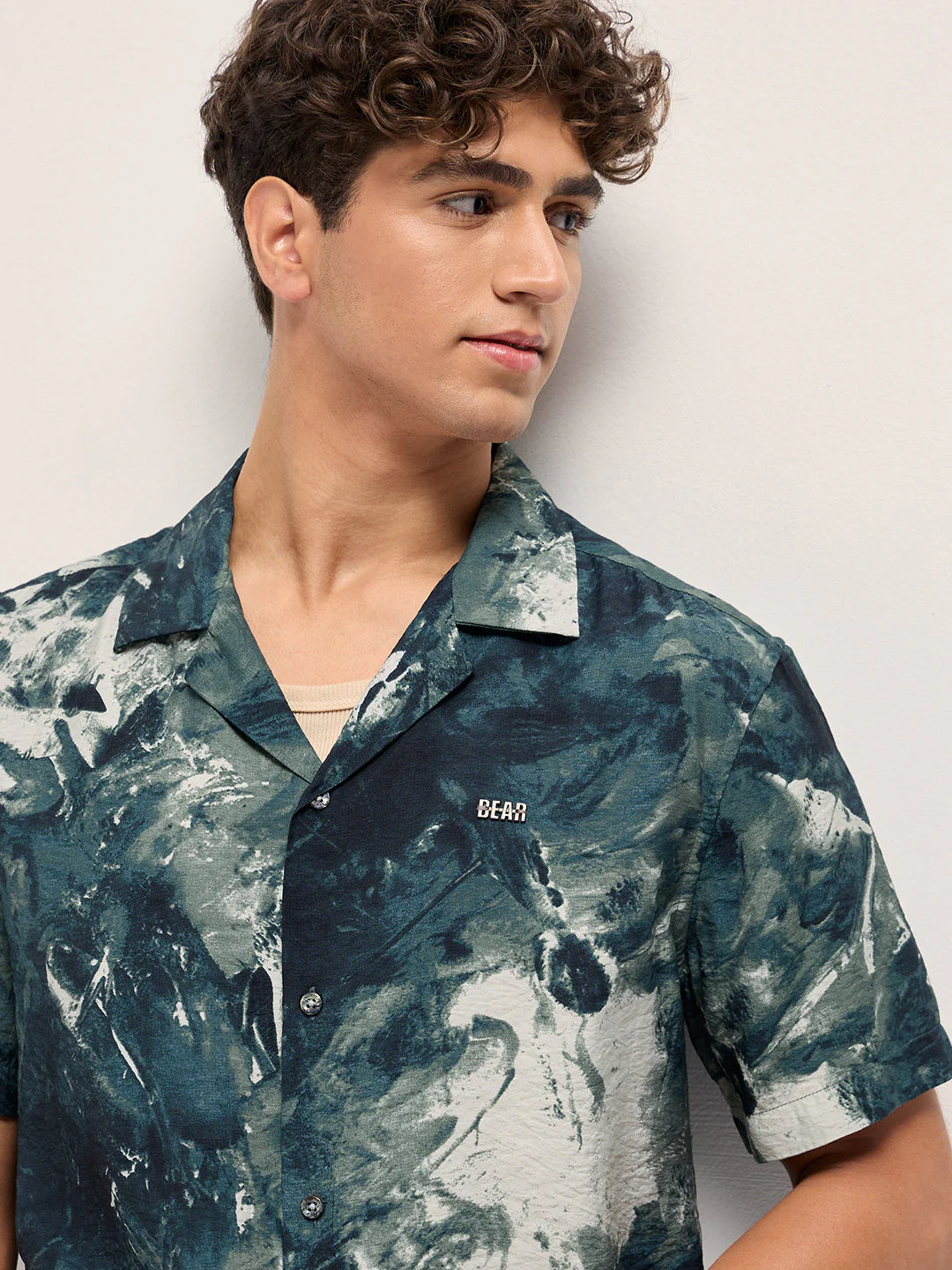 Men Teal Abstract Digital Print Relaxed Fit Cuban Collar Shirt - Image 5