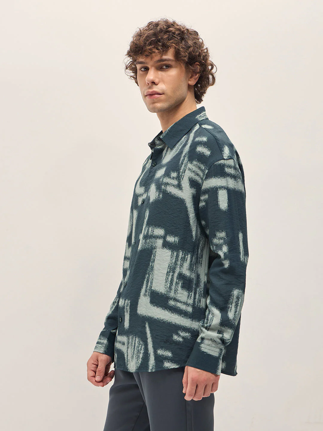 Men Teal Blue Abstract hand-brushed effects Relax Fit Overshirt - Image 3