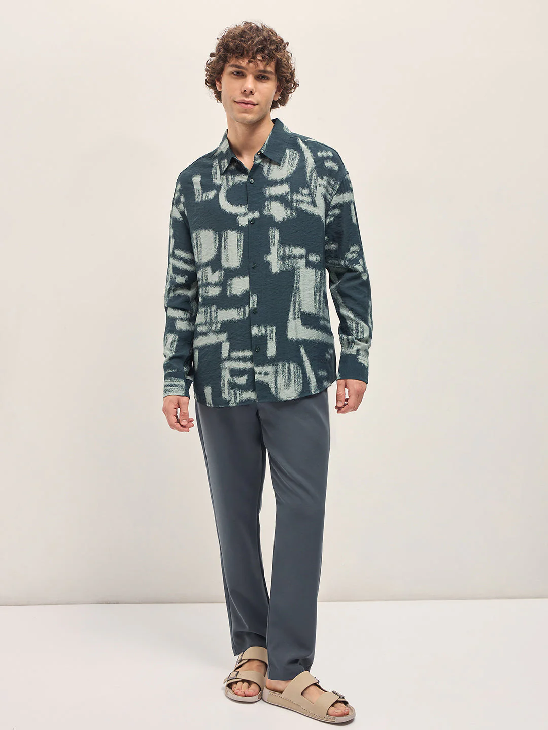 Men Teal Blue Abstract hand-brushed effects Relax Fit Overshirt - Image 4