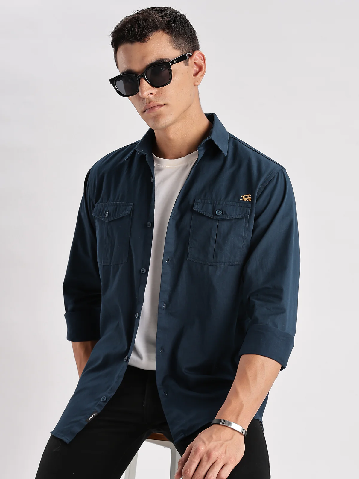 Men Teal Blue Cargo Shirt - Image 5