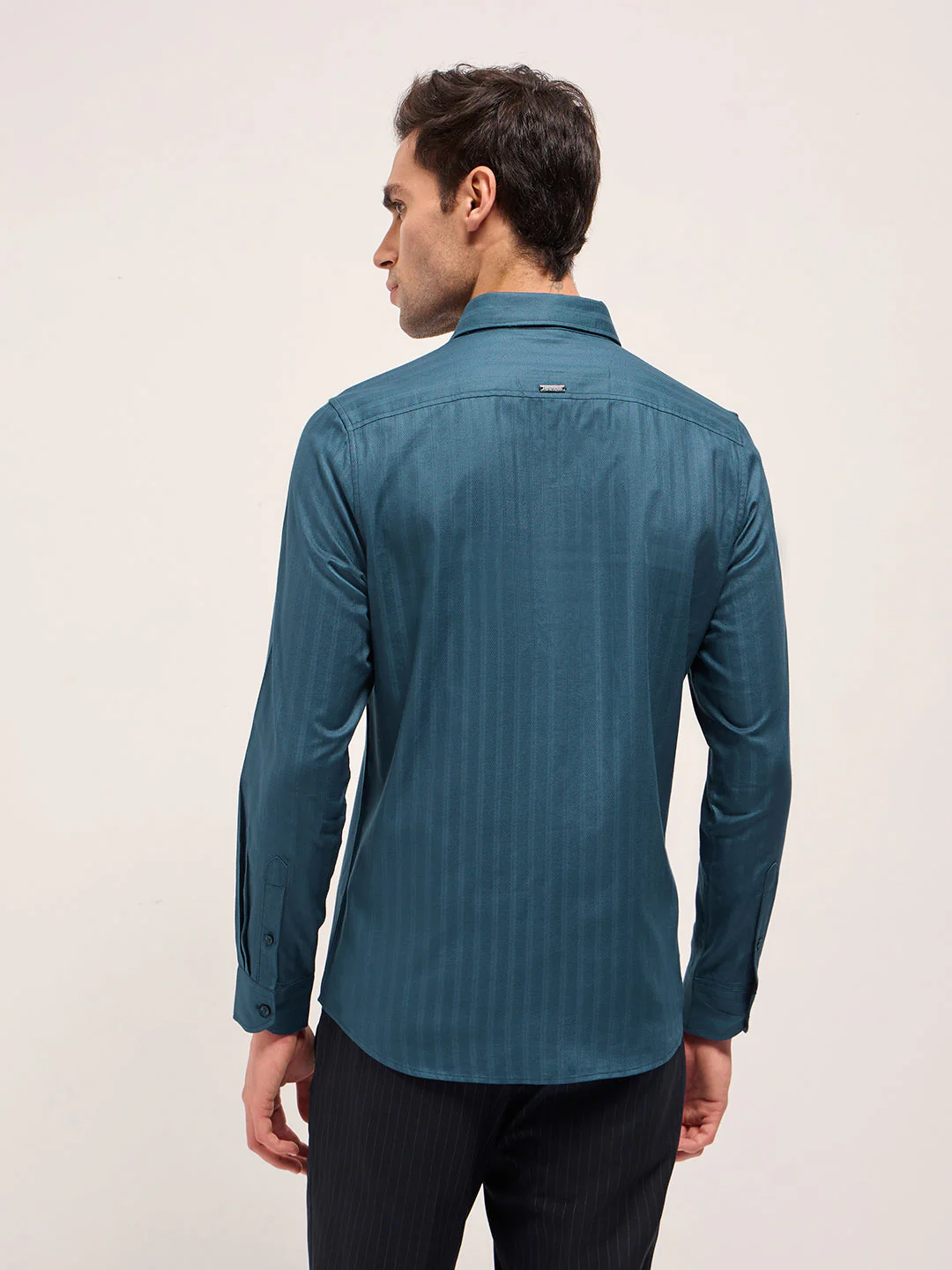 Men Teal Blue Cotton Woven Stripes Design Tailored Fit Formal Shirt - Image 2
