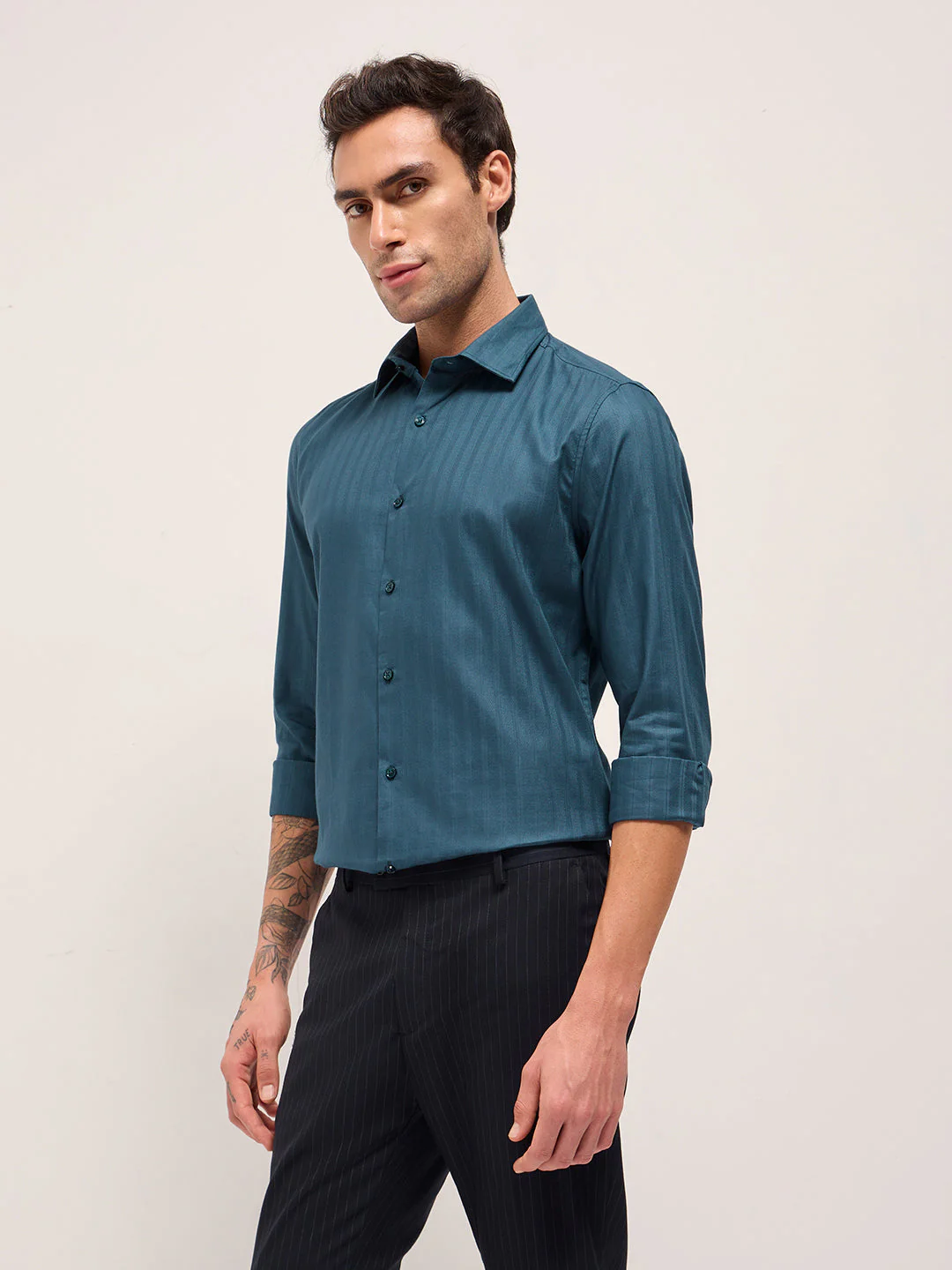 Men Teal Blue Cotton Woven Stripes Design Tailored Fit Formal Shirt - Image 3