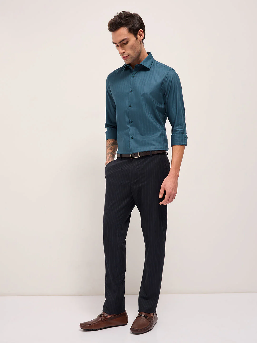 Men Teal Blue Cotton Woven Stripes Design Tailored Fit Formal Shirt - Image 4
