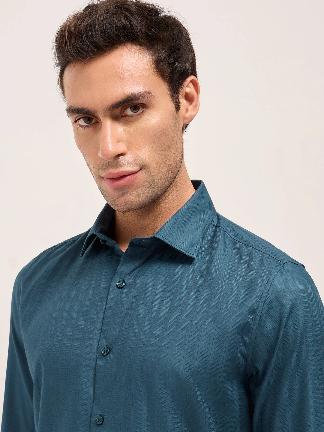 Men Teal Blue Cotton Woven Stripes Design Tailored Fit Formal Shirt - Image 5