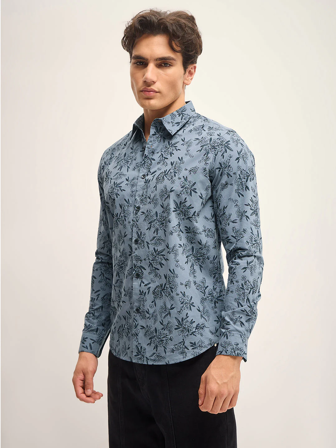 Men Teal Blue Printed Slim Fit Casual Shirt - Image 2