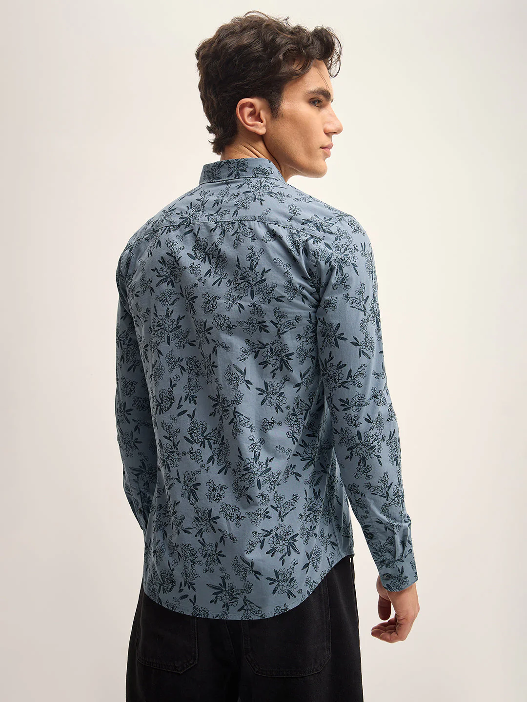 Men Teal Blue Printed Slim Fit Casual Shirt - Image 3