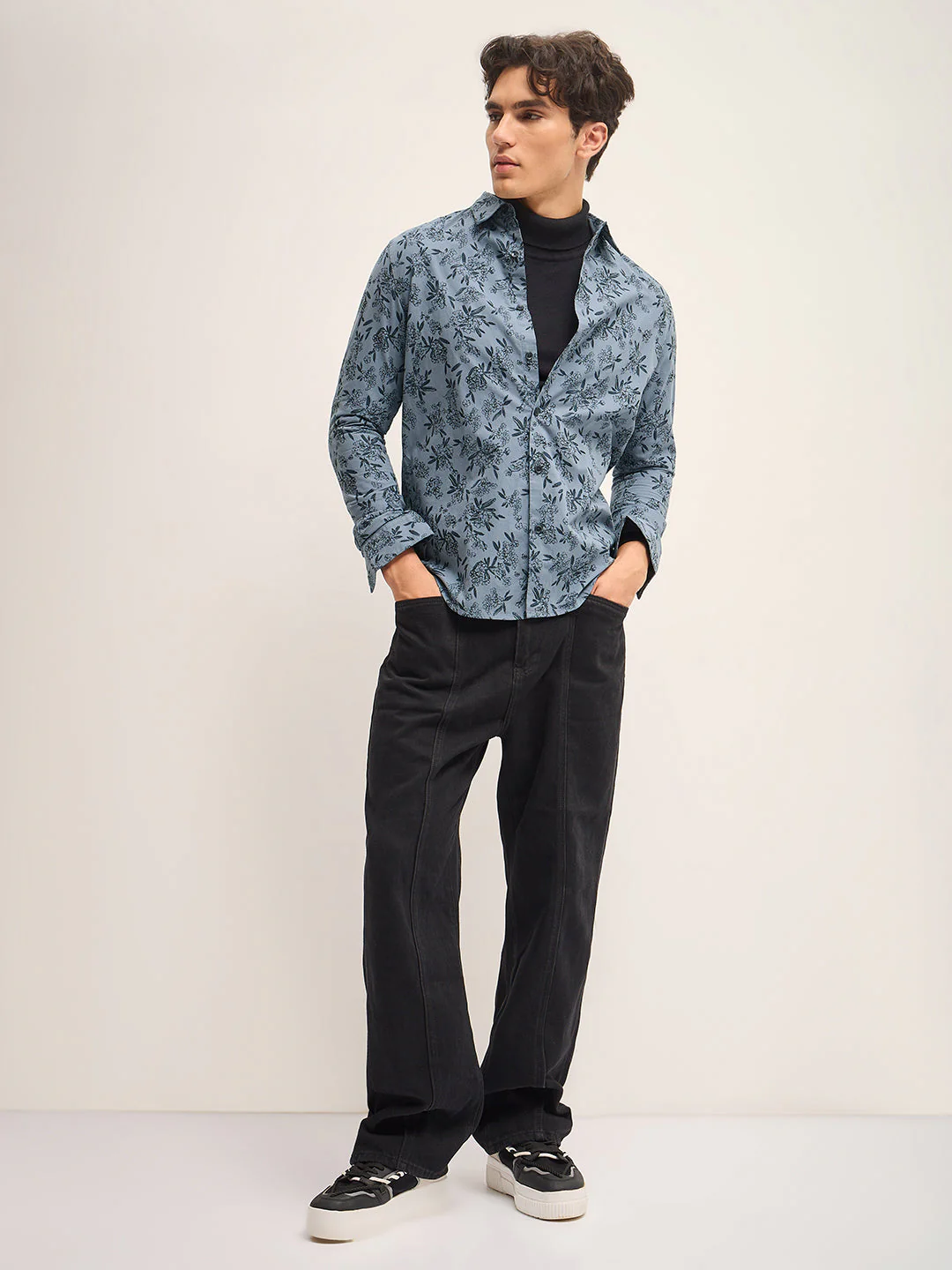 Men Teal Blue Printed Slim Fit Casual Shirt - Image 4