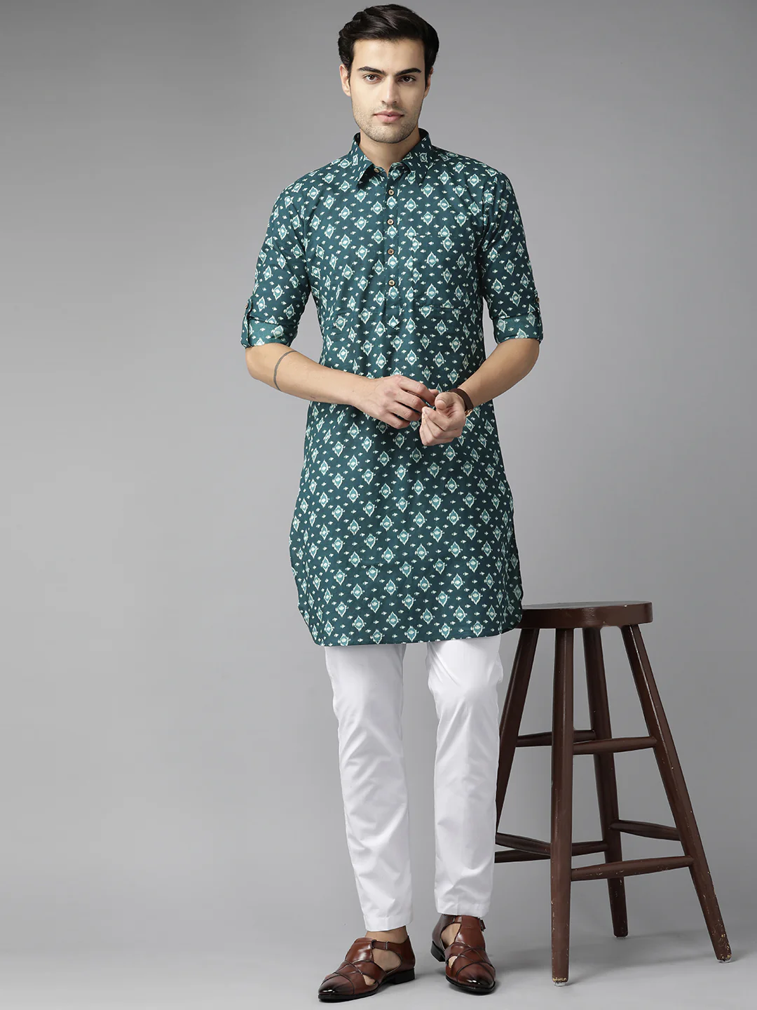 Men Teal Blue Regular Pure Cotton Pathani Printed Men'S Kurta