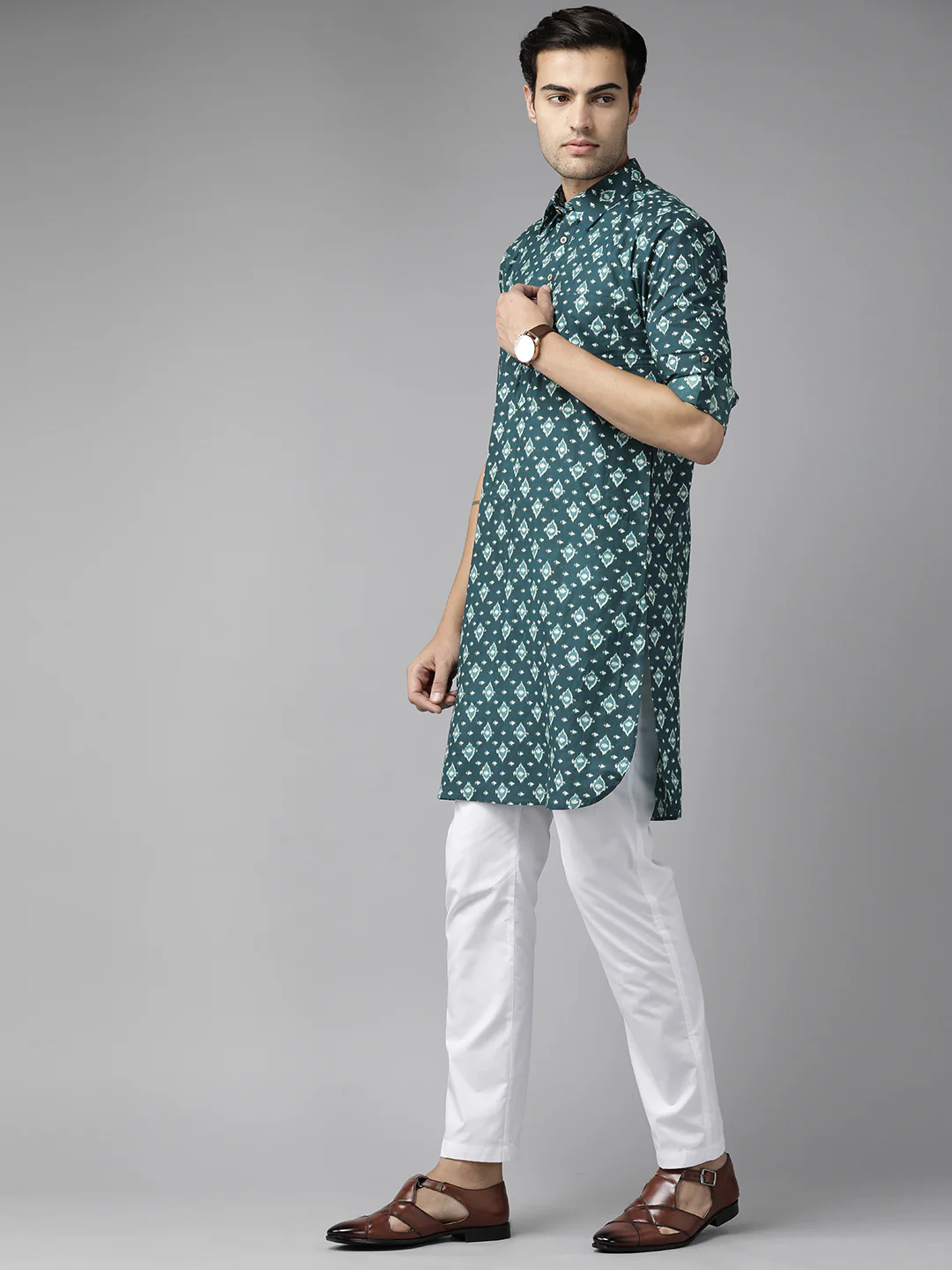 Men Teal Blue Regular Pure Cotton Pathani Printed Men'S Kurta - Image 4