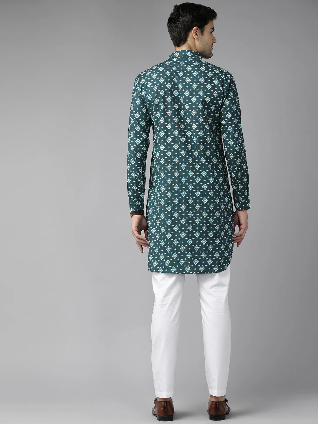 Men Teal Blue Regular Pure Cotton Pathani Printed Men'S Kurta - Image 5