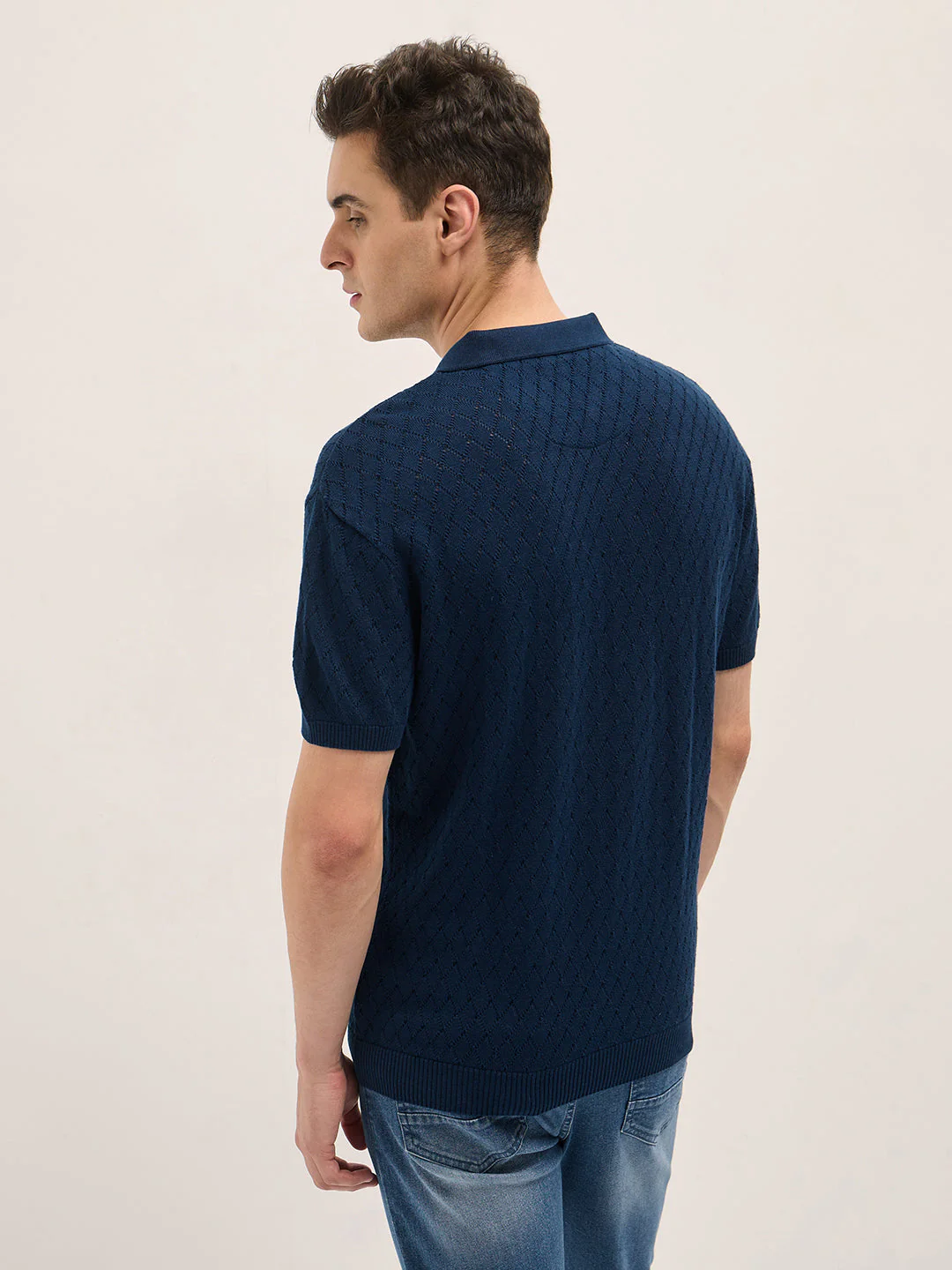 Men Teal Blue Relaxed Fit Textured Knit Polo - Image 2