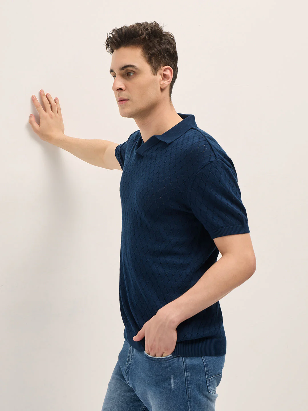 Men Teal Blue Relaxed Fit Textured Knit Polo - Image 3