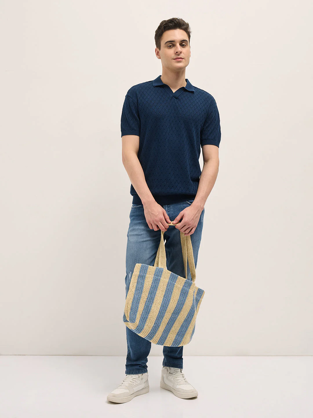 Men Teal Blue Relaxed Fit Textured Knit Polo - Image 4
