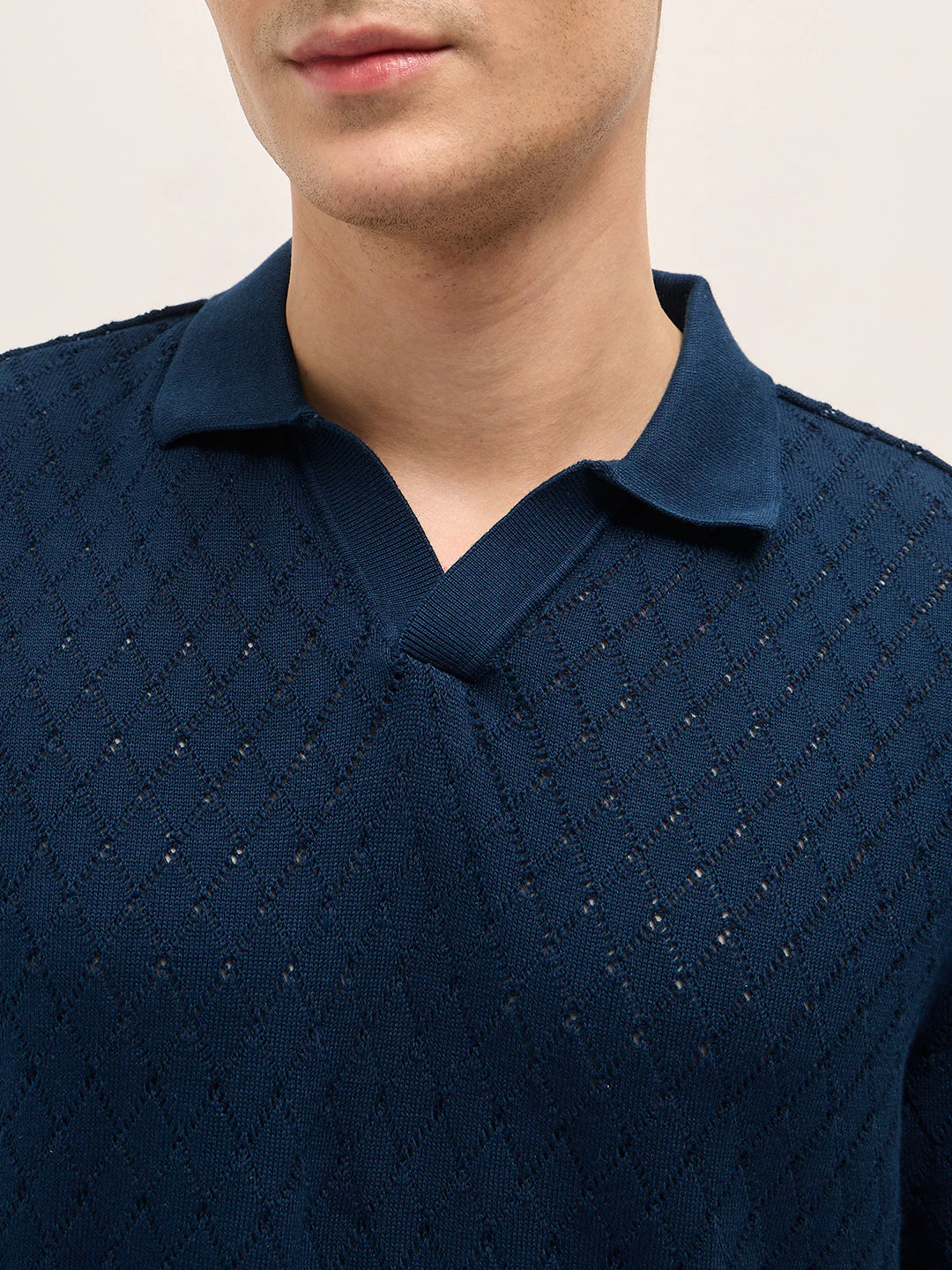 Men Teal Blue Relaxed Fit Textured Knit Polo - Image 5