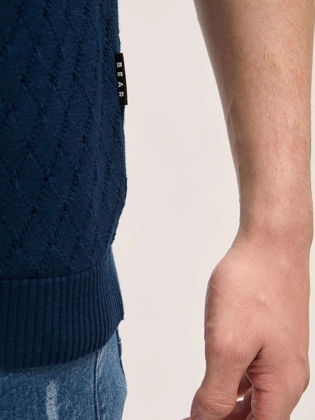 Men Teal Blue Relaxed Fit Textured Knit Polo - Image 6