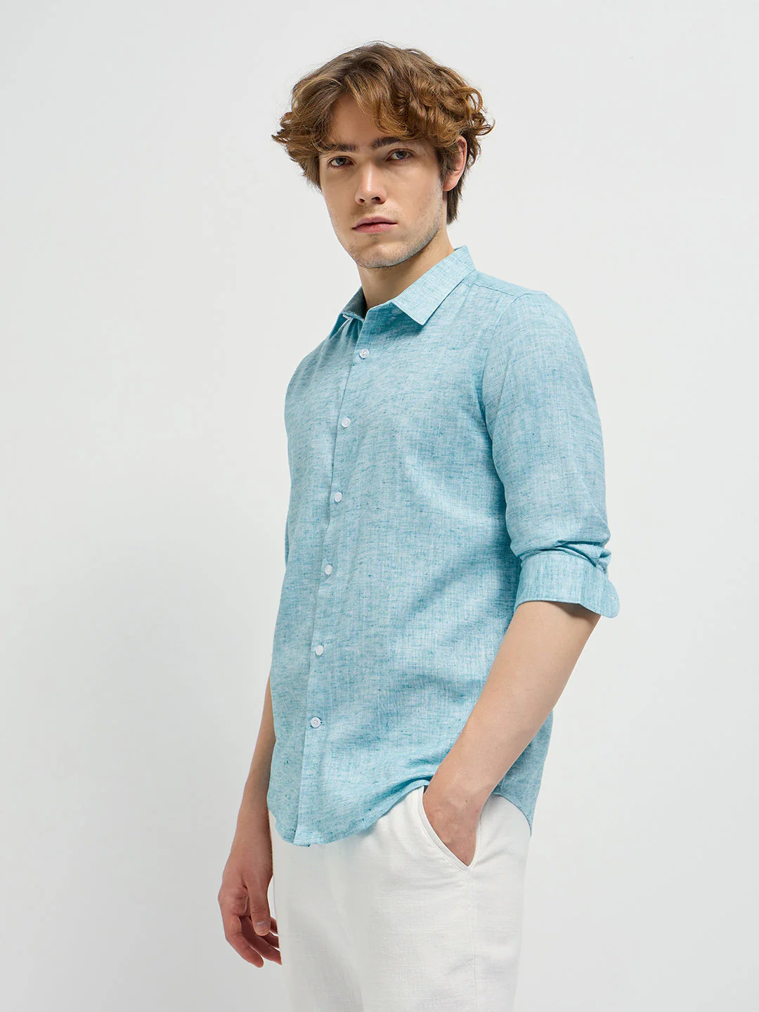 Men Teal Blue Self Design Slim Fit Casual Shirt - Image 3