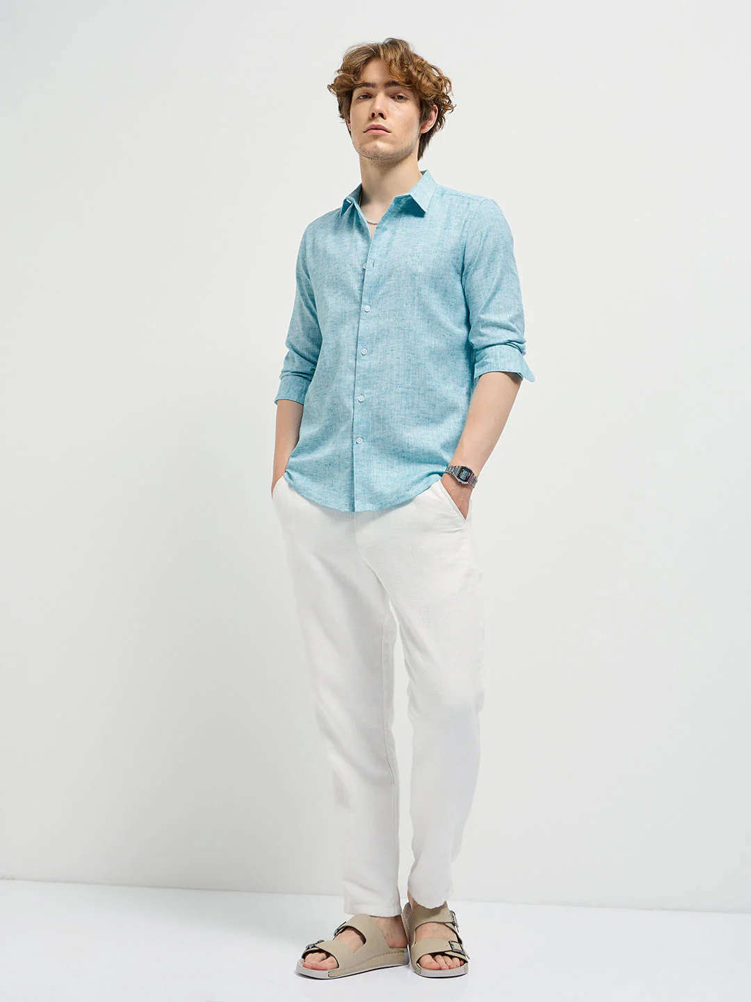 Men Teal Blue Self Design Slim Fit Casual Shirt - Image 4