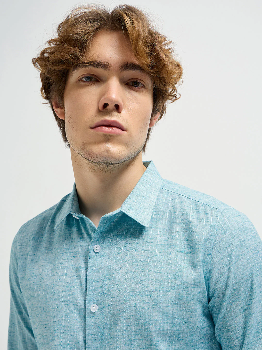 Men Teal Blue Self Design Slim Fit Casual Shirt - Image 5