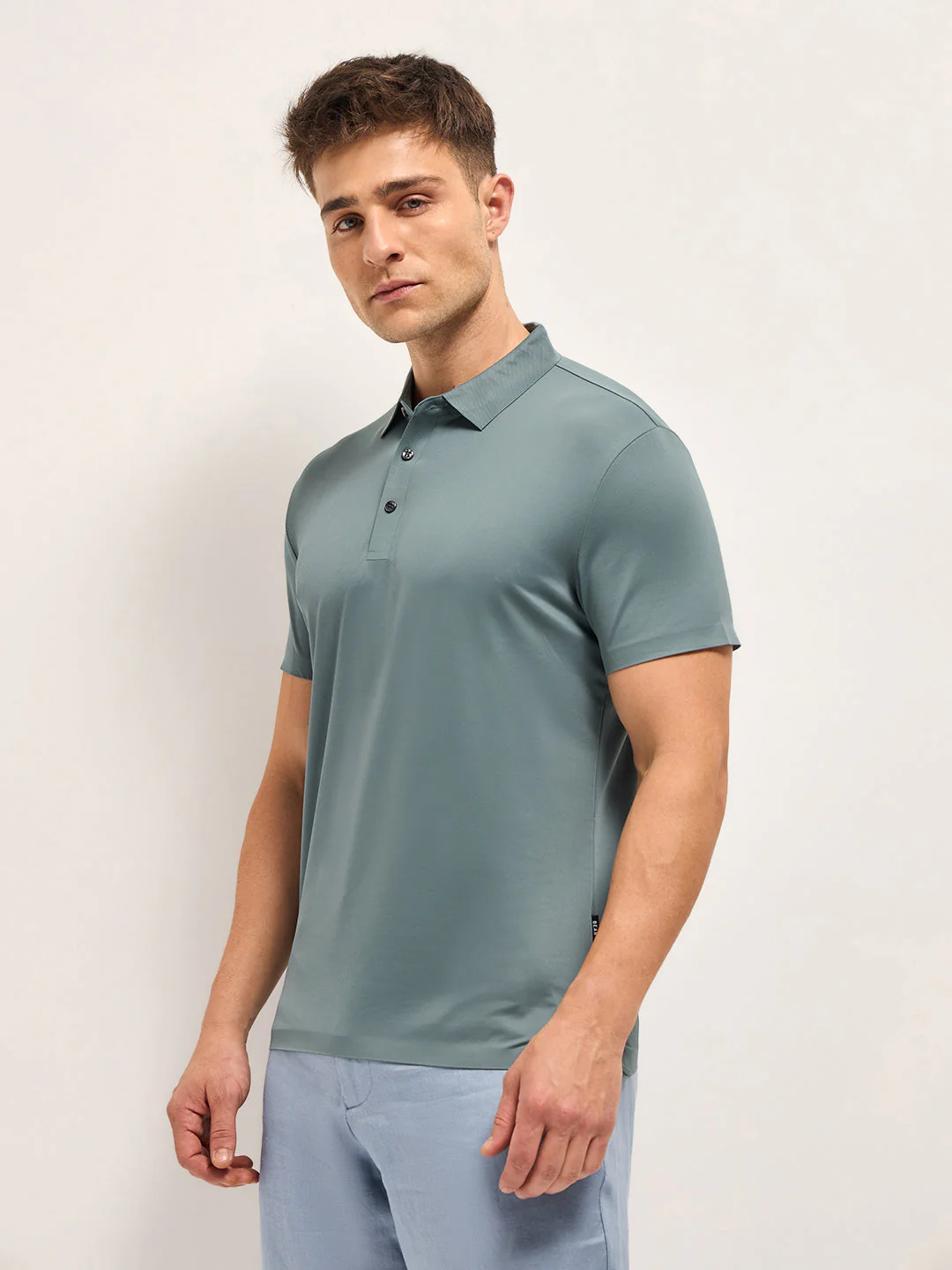 Men Teal Blue Solid Regular Fit Polo T-shirt - Image 3