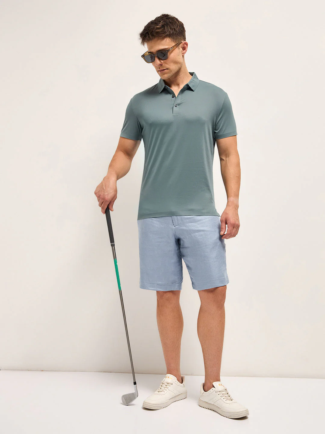 Men Teal Blue Solid Regular Fit Polo T-shirt - Image 4