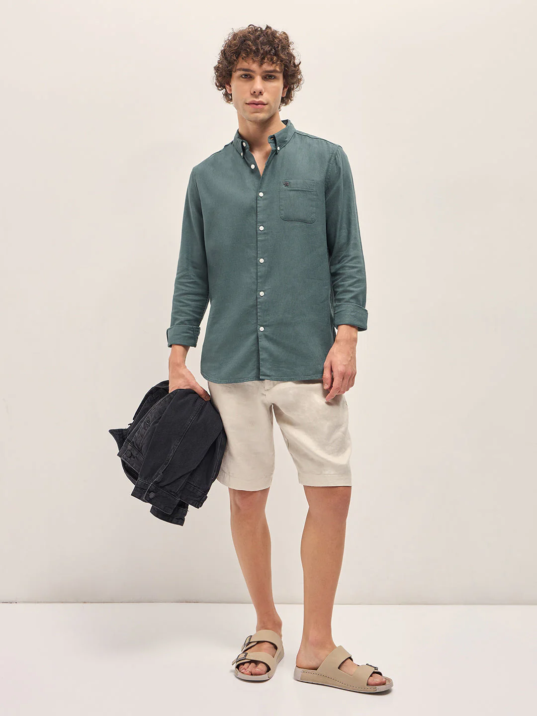 Men Teal Blue Solid Slim Fit Casual Shirt - Image 4