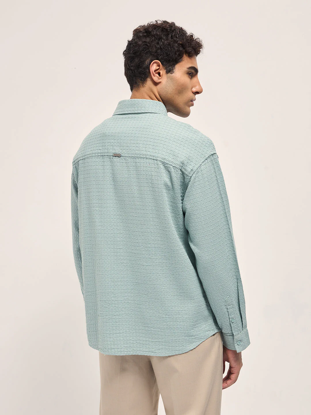 Men Teal Blue Texture Woven Design Relax Fit Overshirt - Image 2