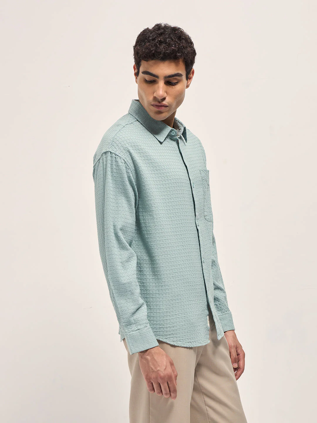 Men Teal Blue Texture Woven Design Relax Fit Overshirt - Image 3