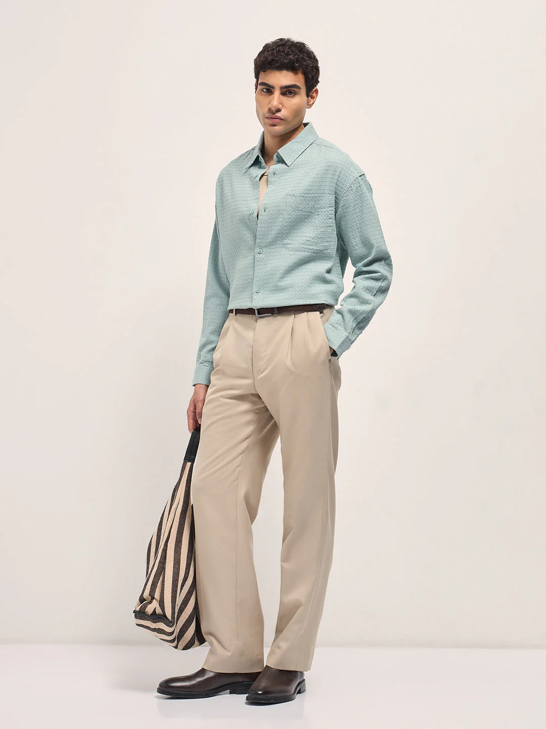 Men Teal Blue Texture Woven Design Relax Fit Overshirt - Image 4