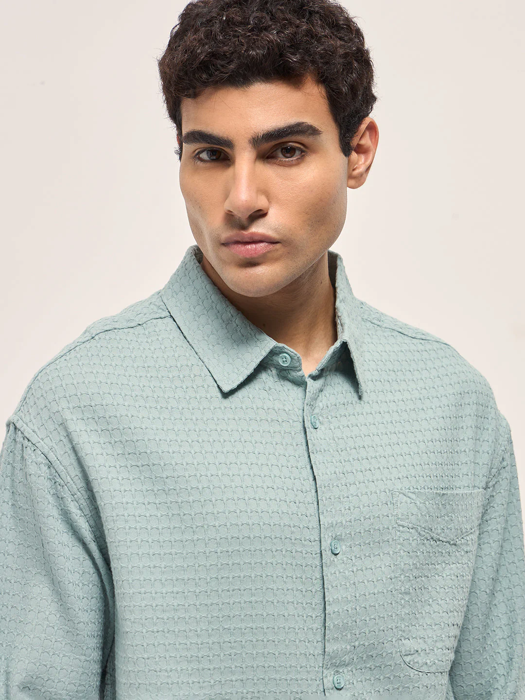 Men Teal Blue Texture Woven Design Relax Fit Overshirt - Image 5