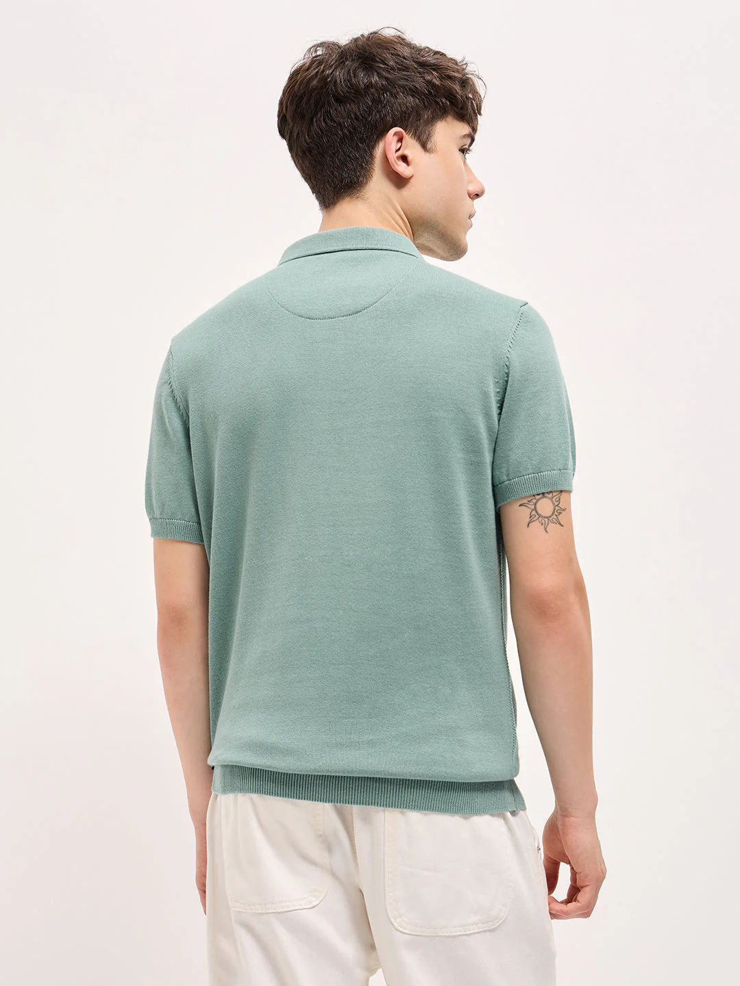 Men Teal Blue Textured Knit Regular Fit Polo T-shirt - Image 2