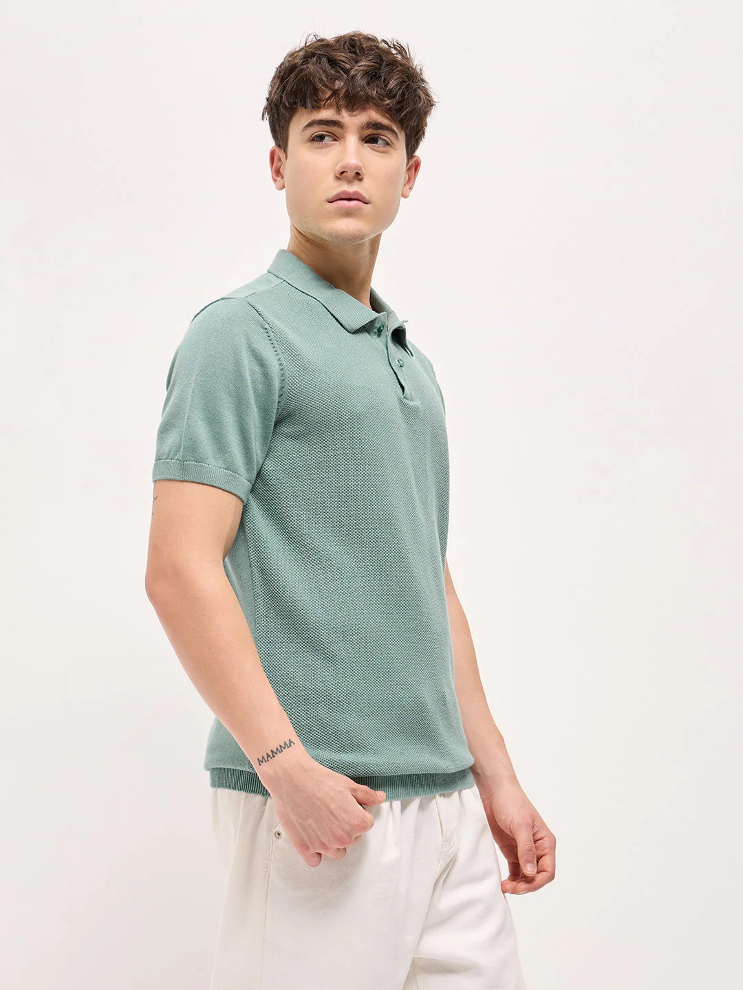 Men Teal Blue Textured Knit Regular Fit Polo T-shirt - Image 3