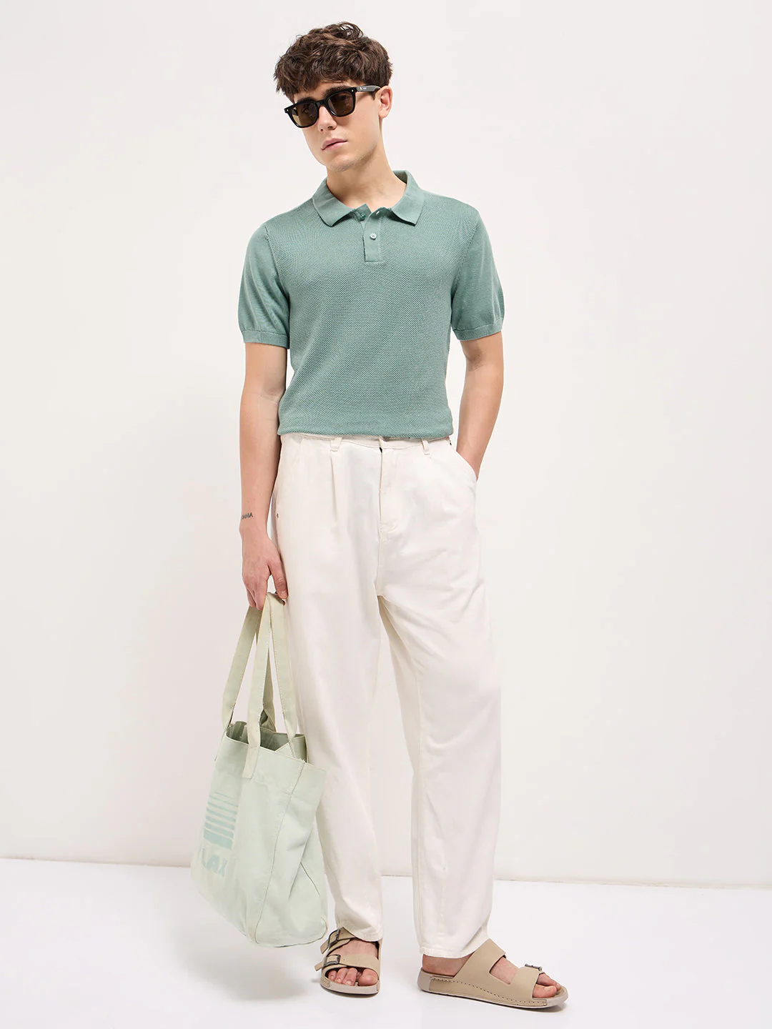 Men Teal Blue Textured Knit Regular Fit Polo T-shirt - Image 4