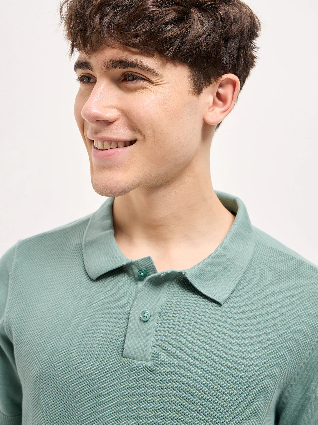 Men Teal Blue Textured Knit Regular Fit Polo T-shirt - Image 5