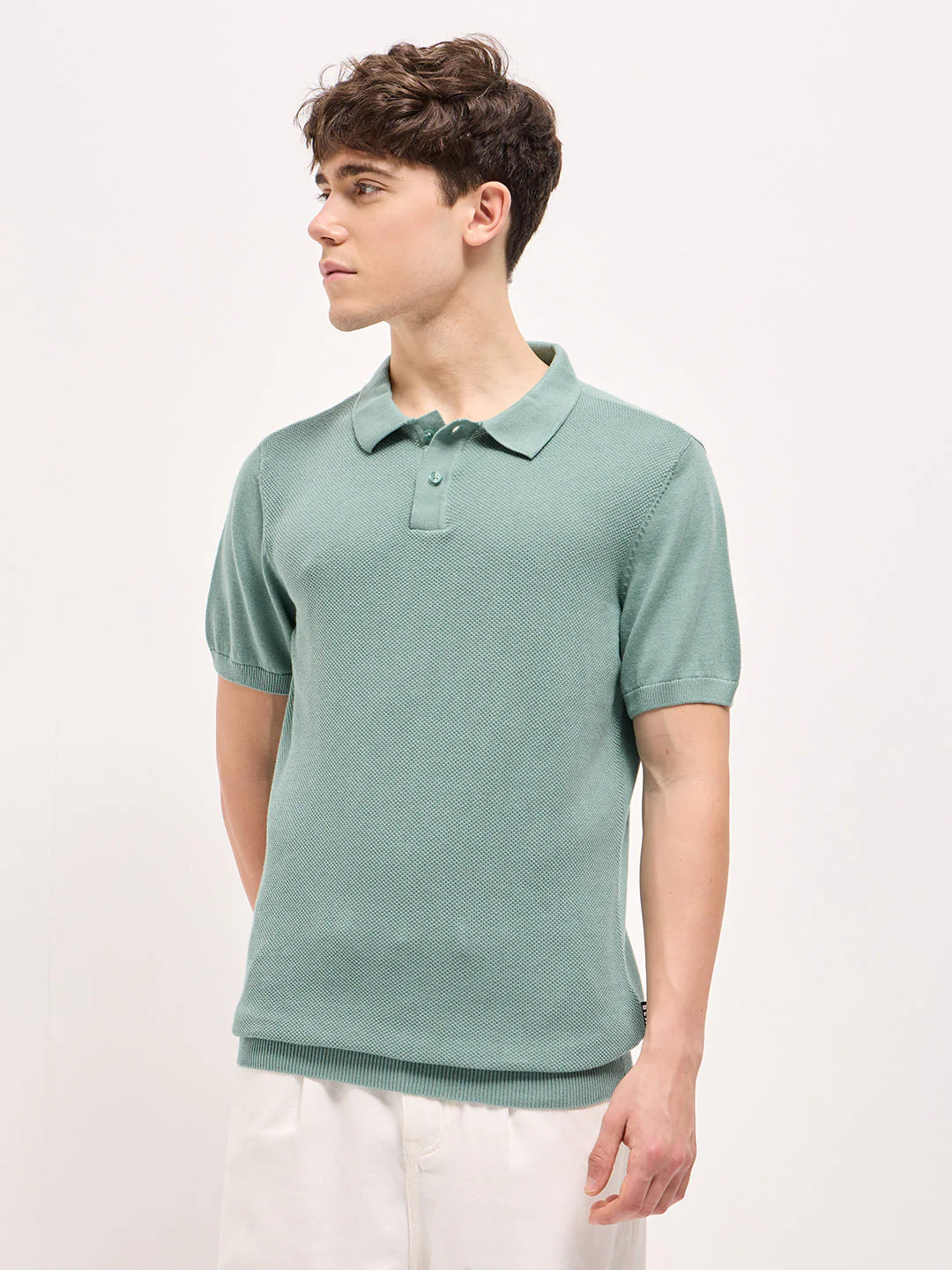 Men Teal Blue Textured Knit Regular Fit Polo T-shirt - Image 6