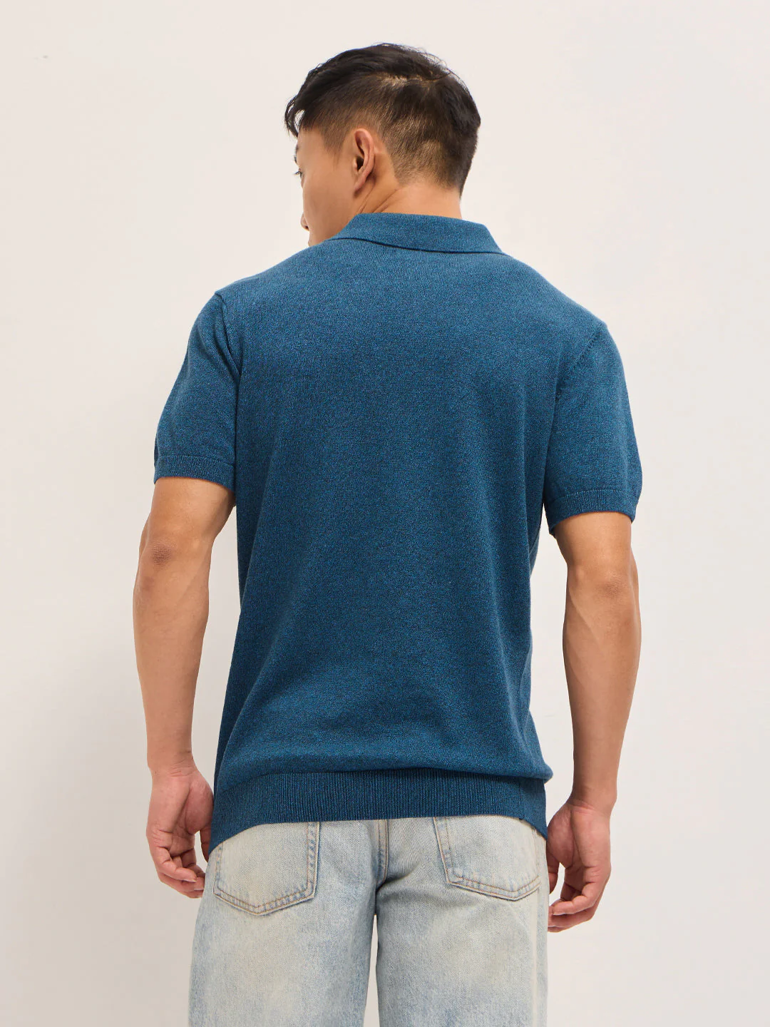Men Teal Blue Textured Knit Solid Regular Fit Polo - Image 2