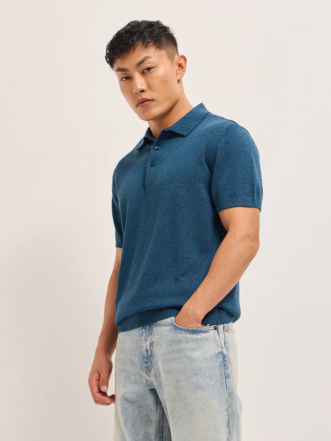 Men Teal Blue Textured Knit Solid Regular Fit Polo - Image 3