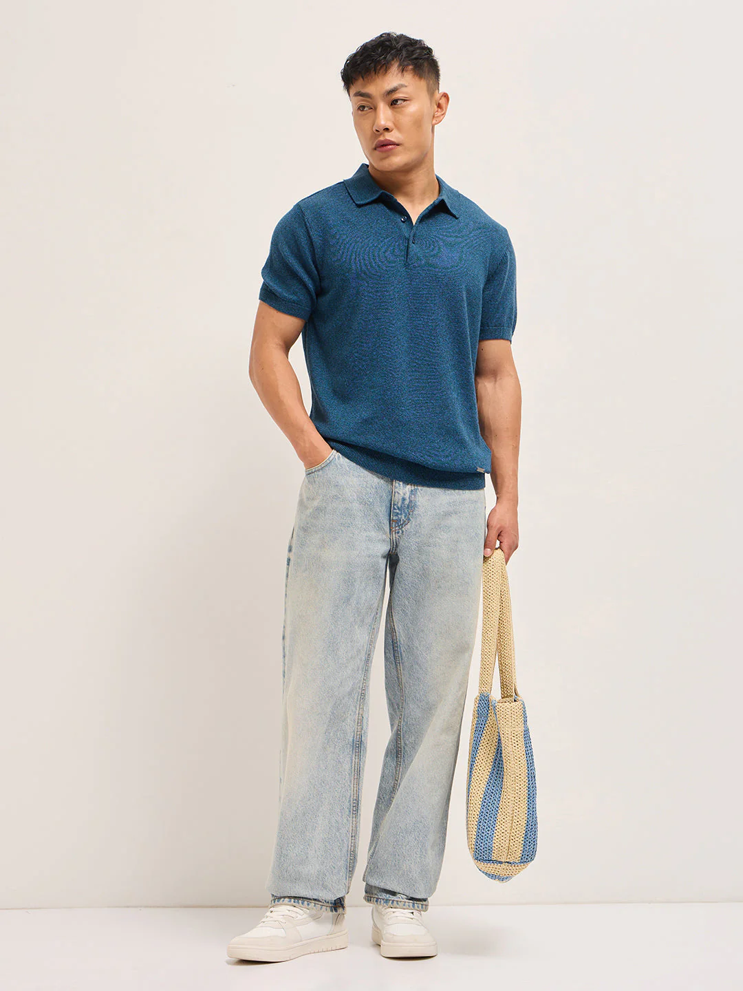 Men Teal Blue Textured Knit Solid Regular Fit Polo - Image 4