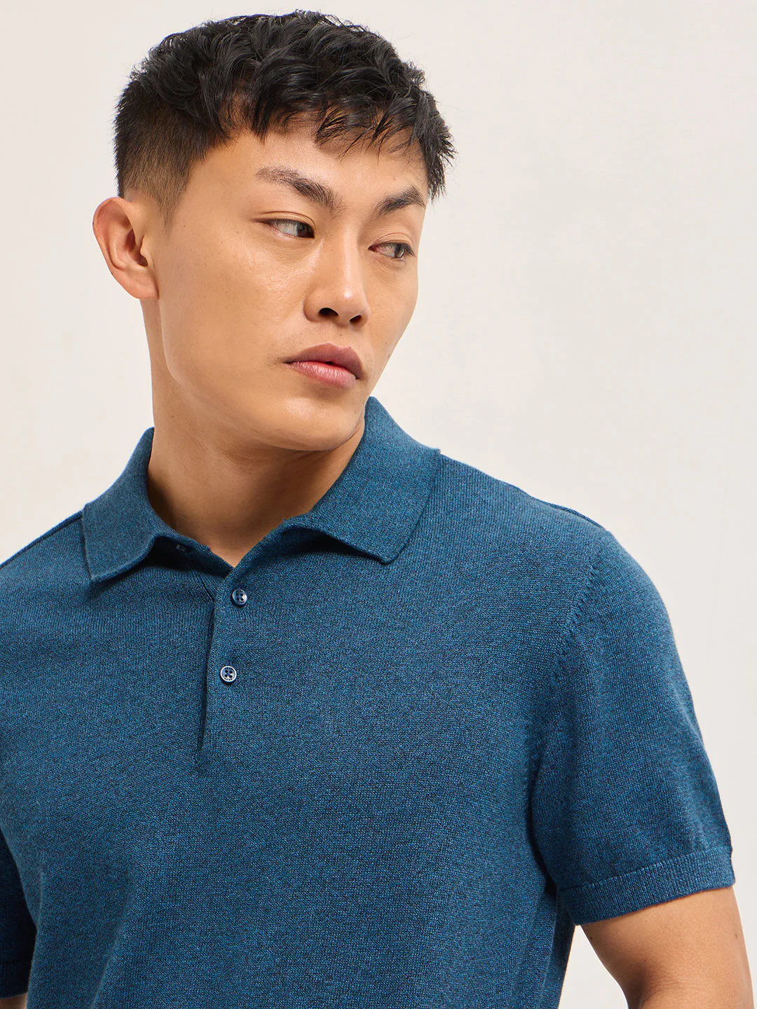 Men Teal Blue Textured Knit Solid Regular Fit Polo - Image 5