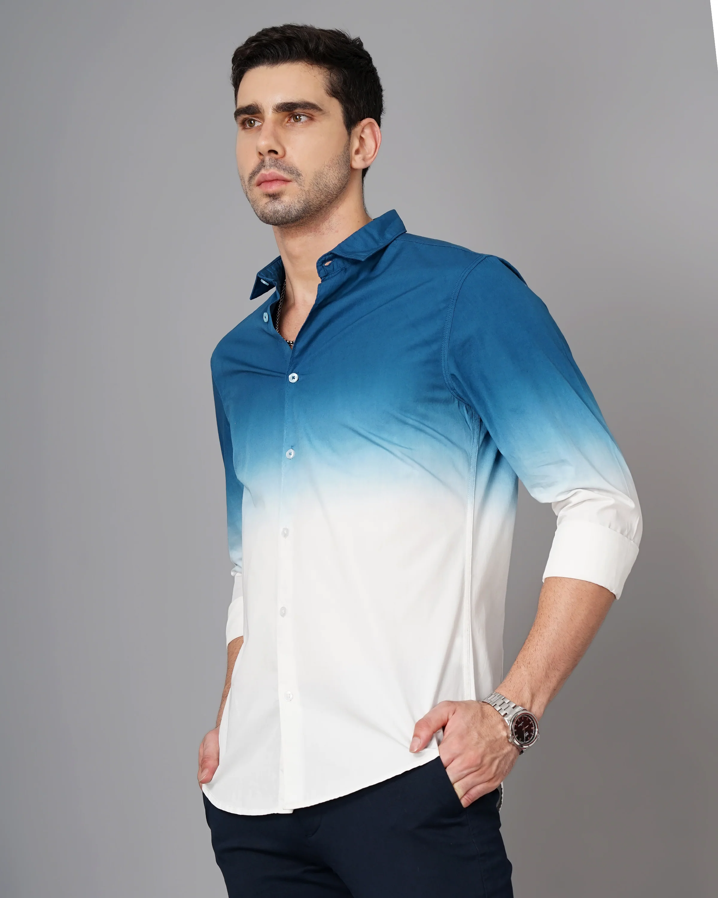 Men Teal Cotton Slim Shirt - Image 2