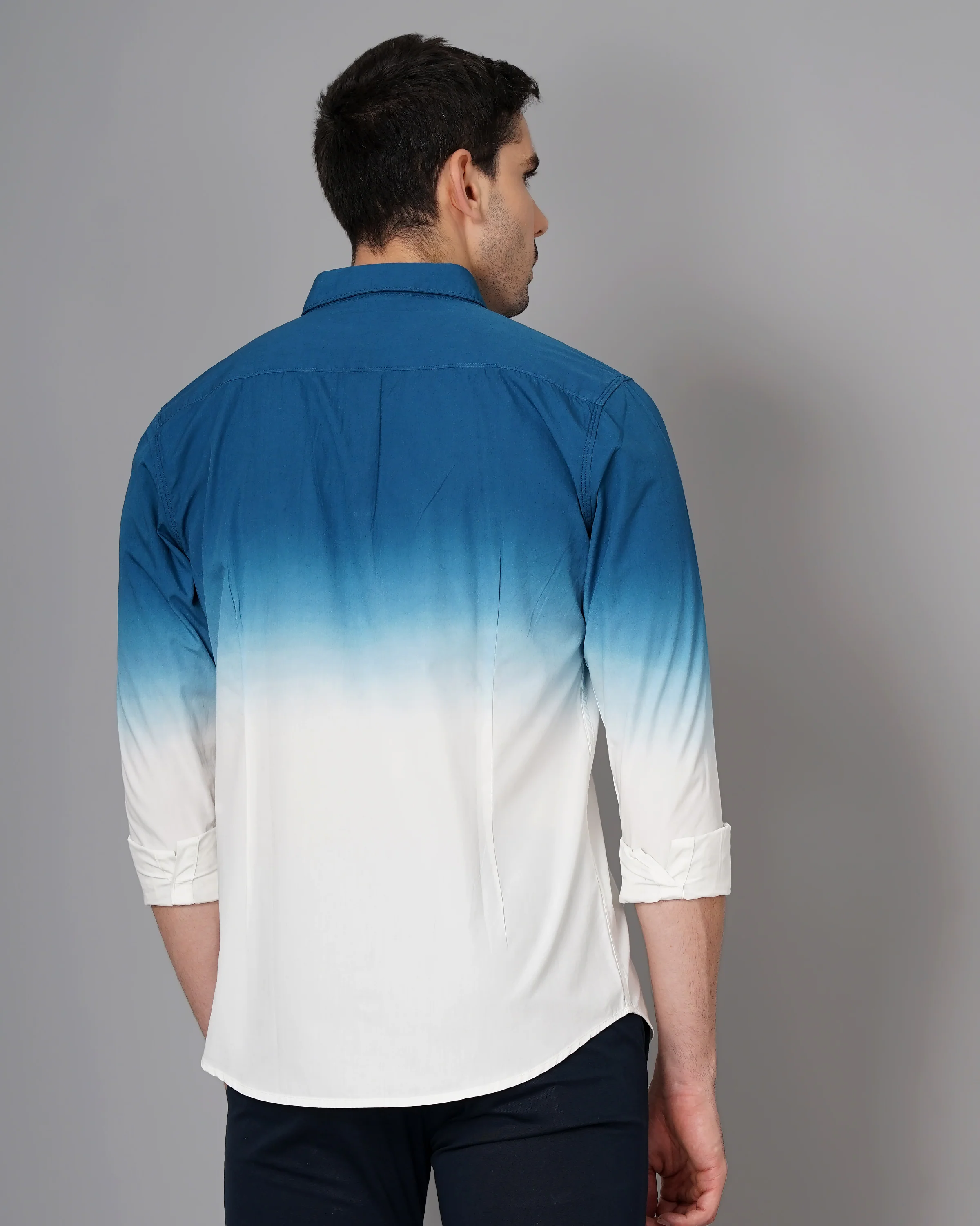 Men Teal Cotton Slim Shirt - Image 3